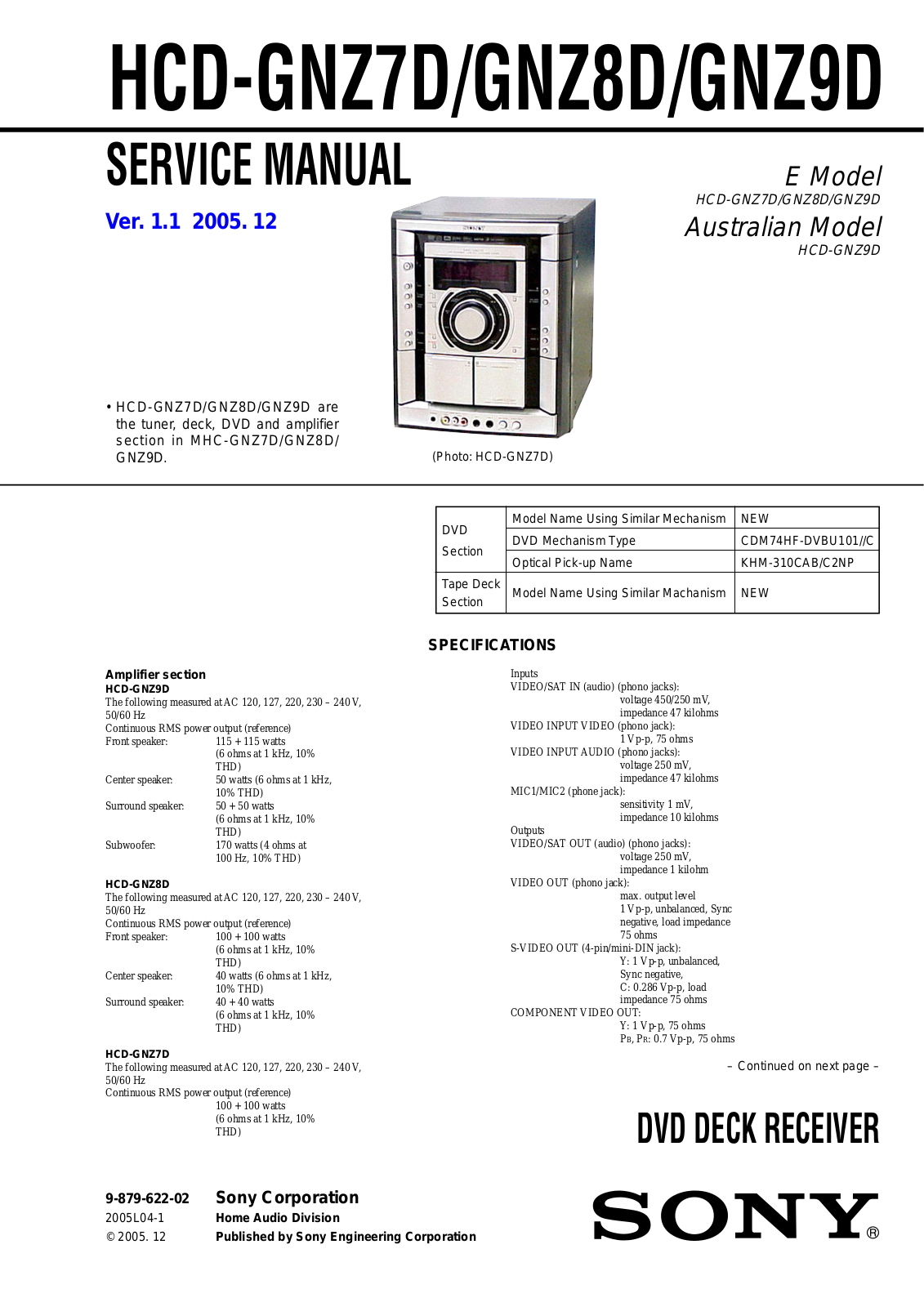 Sony HCDGNZ-7-D, HCDGNZ-9-D, HCDGNZ-8-D Service manual