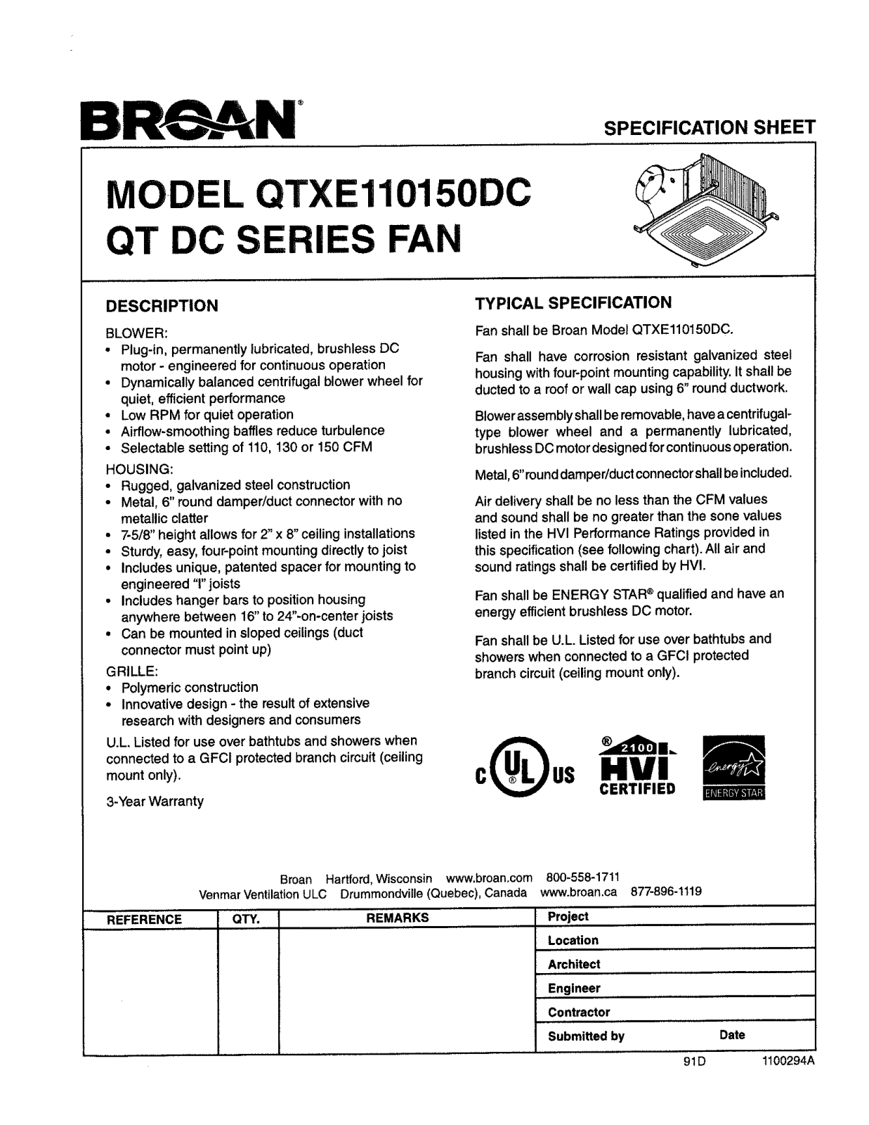 Broan NuTone ROAN1211 Specifications - ManualMachine.com