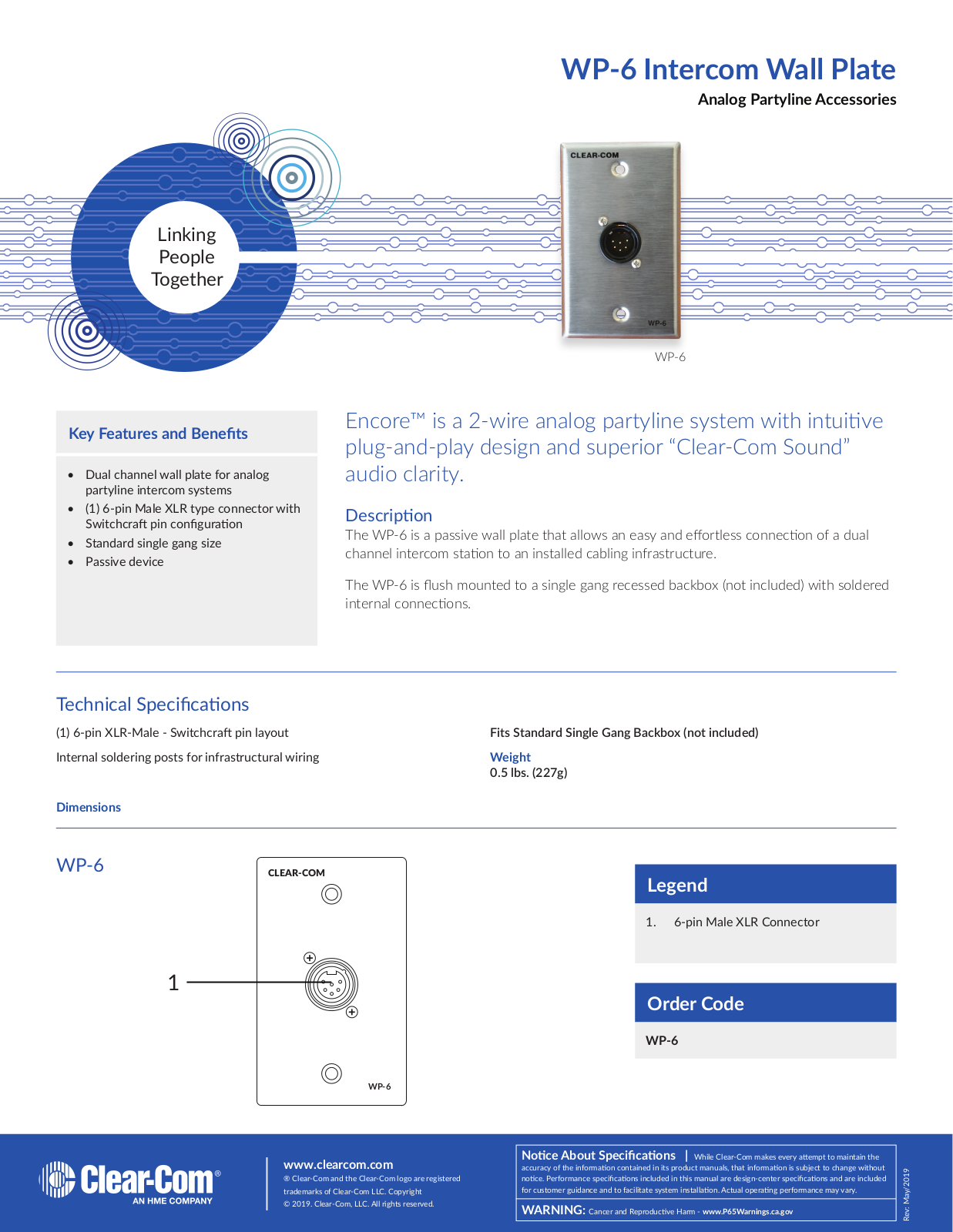 Clear-Com WP6 Data Sheet