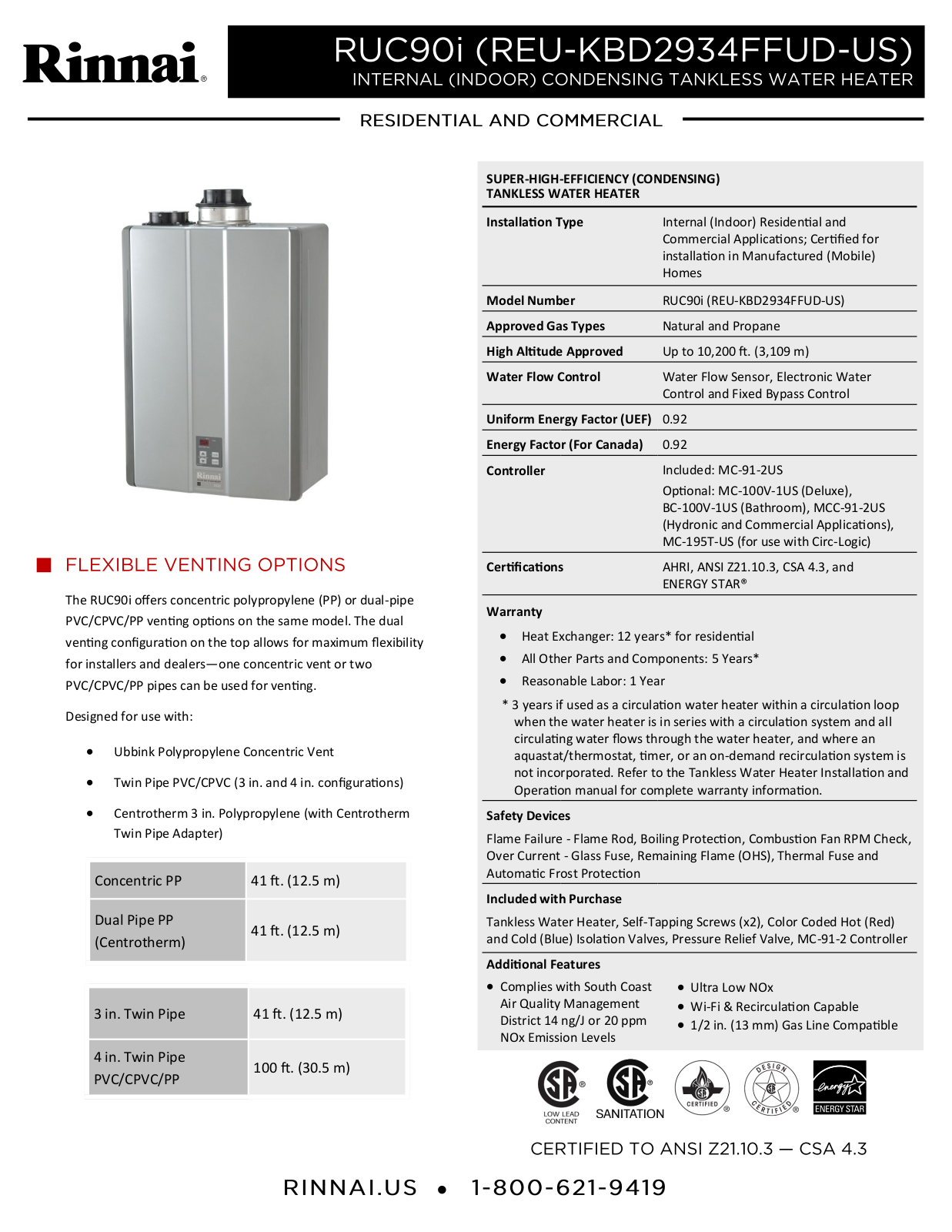 Rinnai Water Heater RUC90iP Specifications