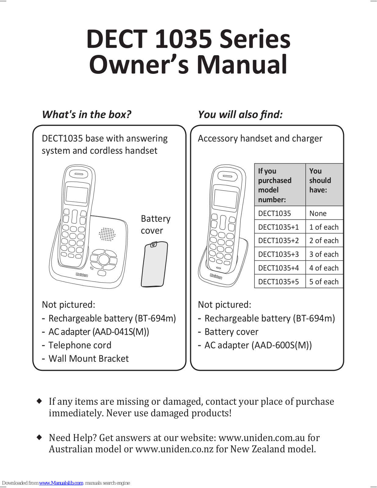 Uniden 1035 Series, DECT1035+1, DECT1035+2, DECT1035+3, DECT1035+4 Owner's Manual