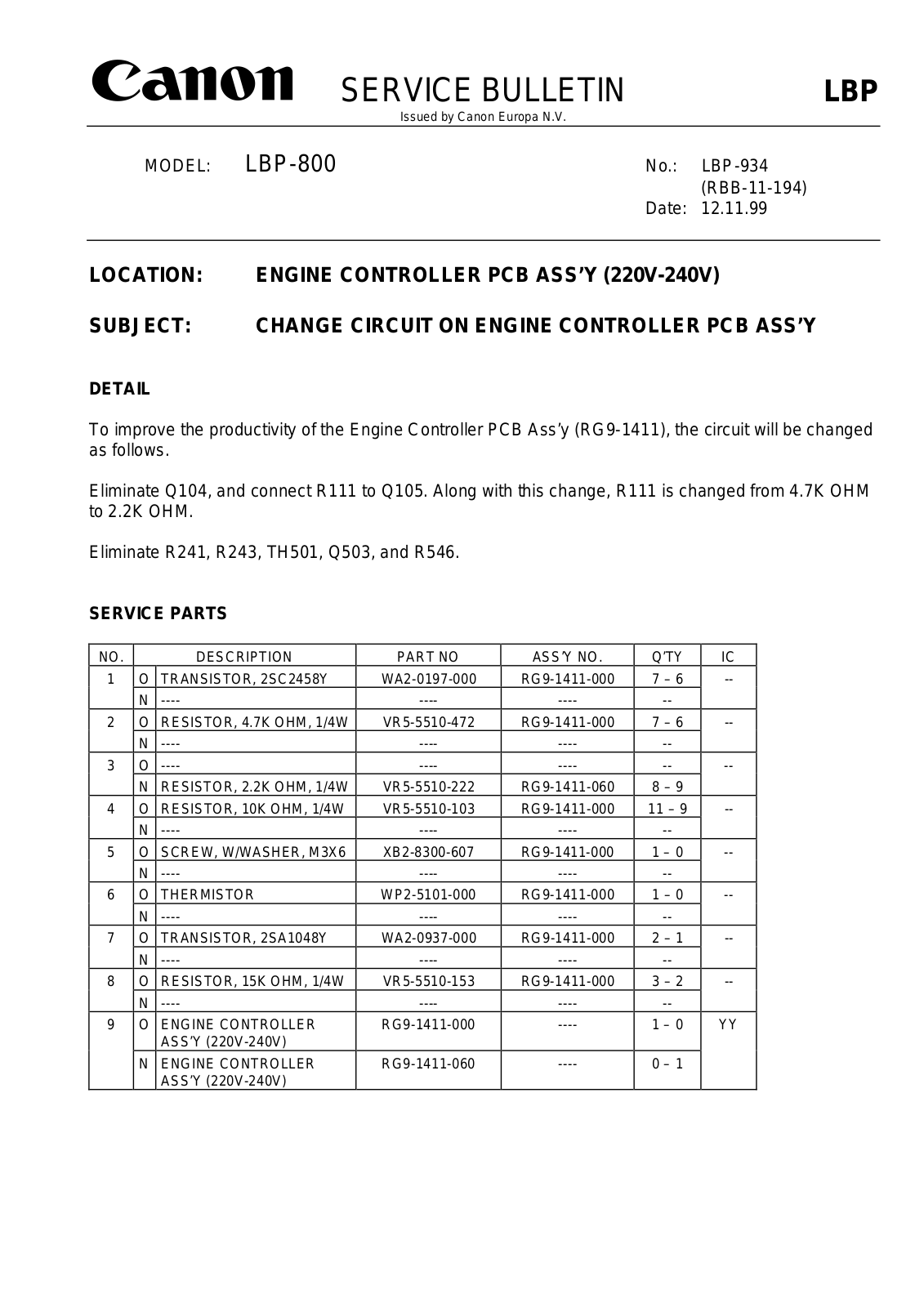 CANON lbp-934 SERVICE BULLETIN