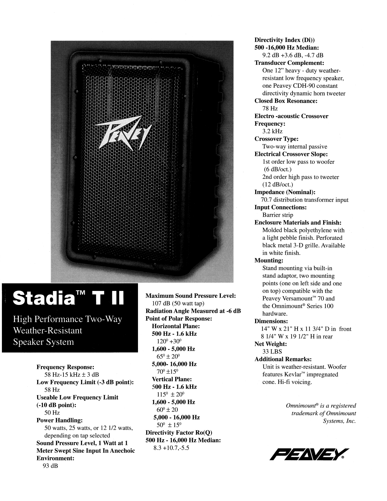 Peavey STADIA T II DATASHEET