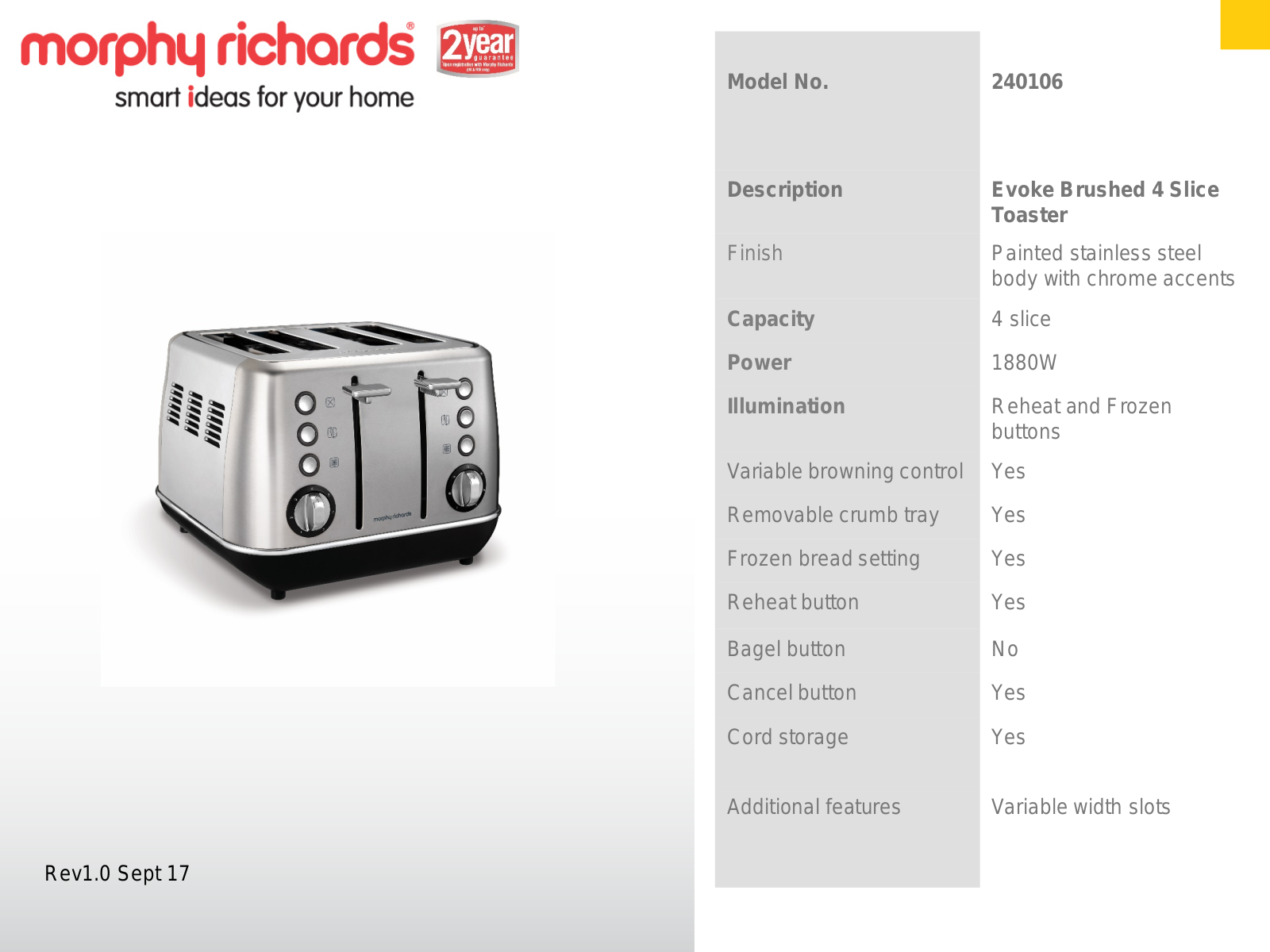 Morphy Richards 240106 Specifications Sheet