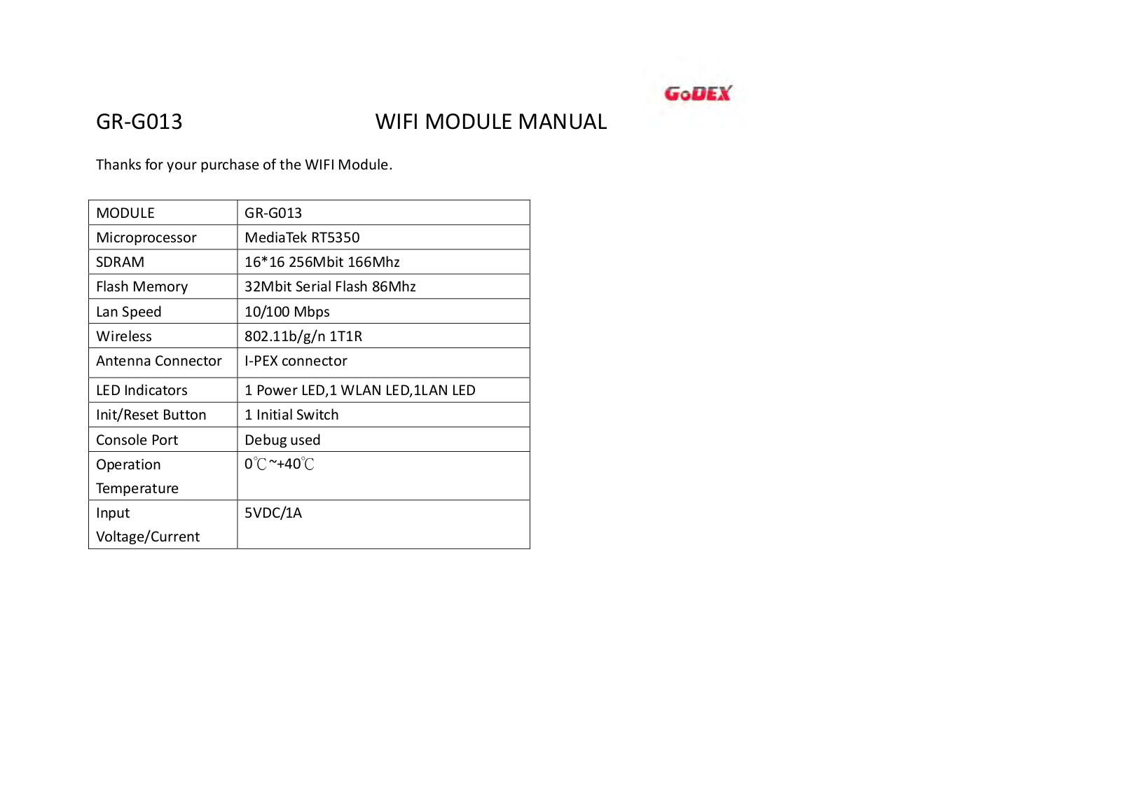 Godex GRG013 User Manual