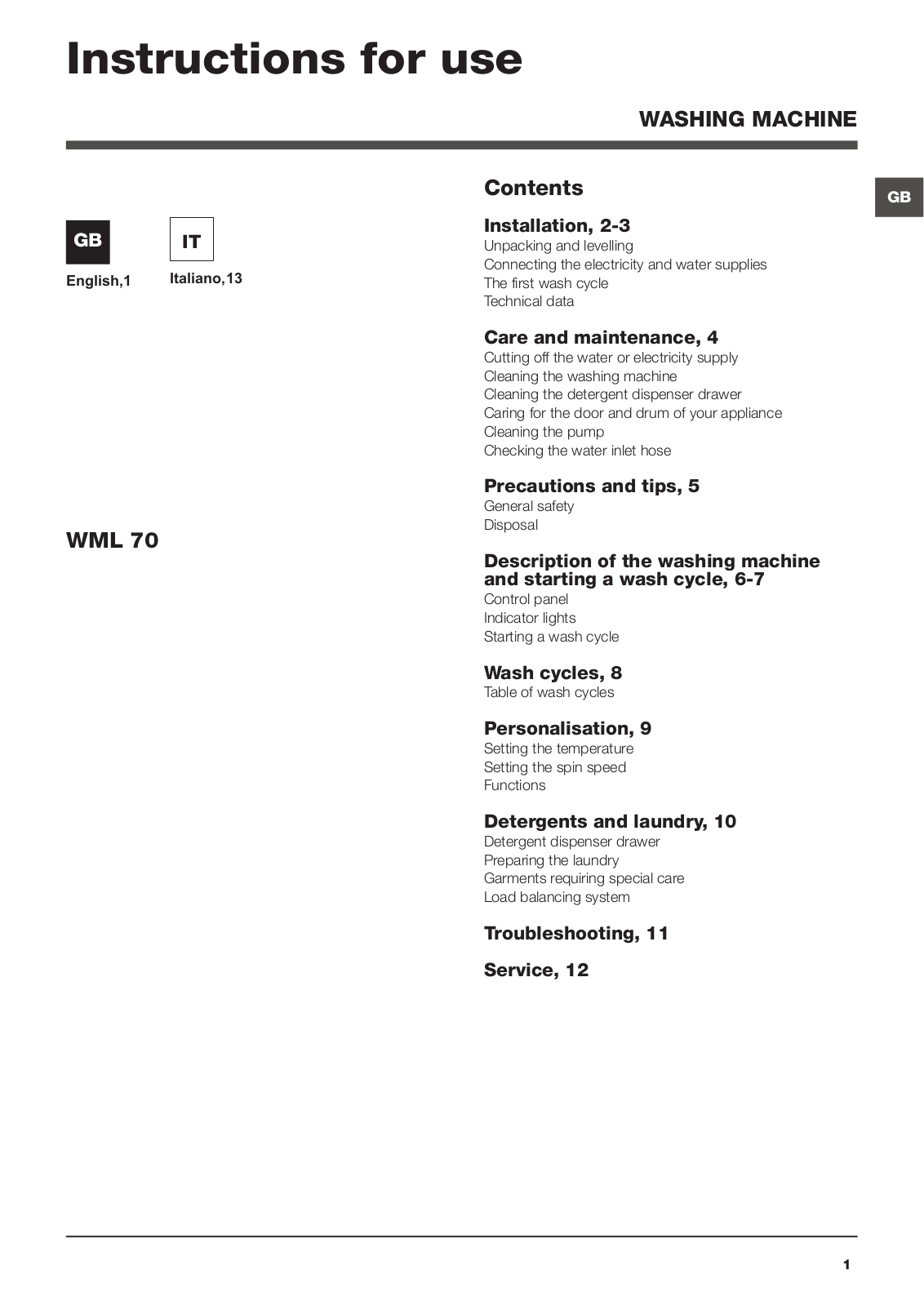 HOTPOINT/ARISTON WML 70 EU User Manual