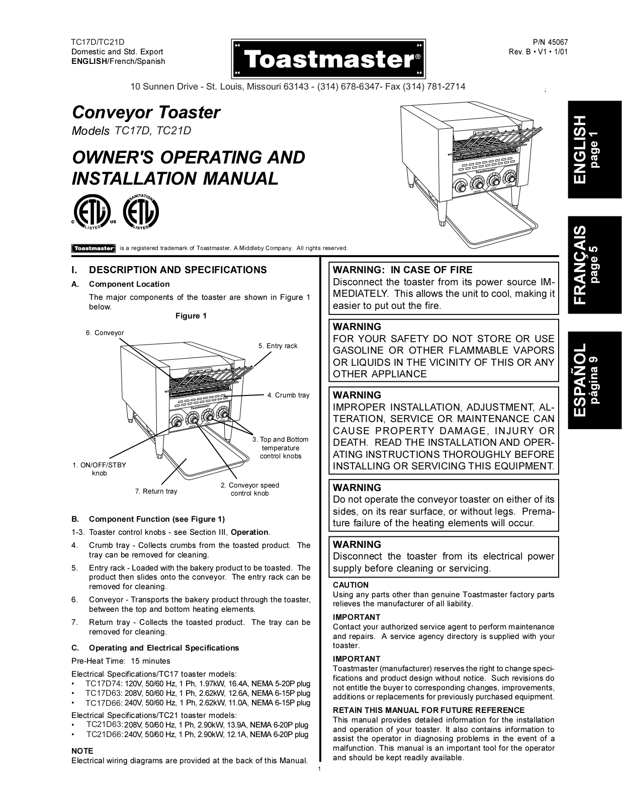 Toastmaster TC21D, TC17D User Manual