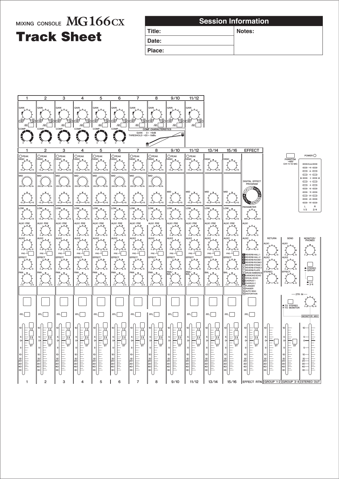 Yamaha MG166cx Track Sheet