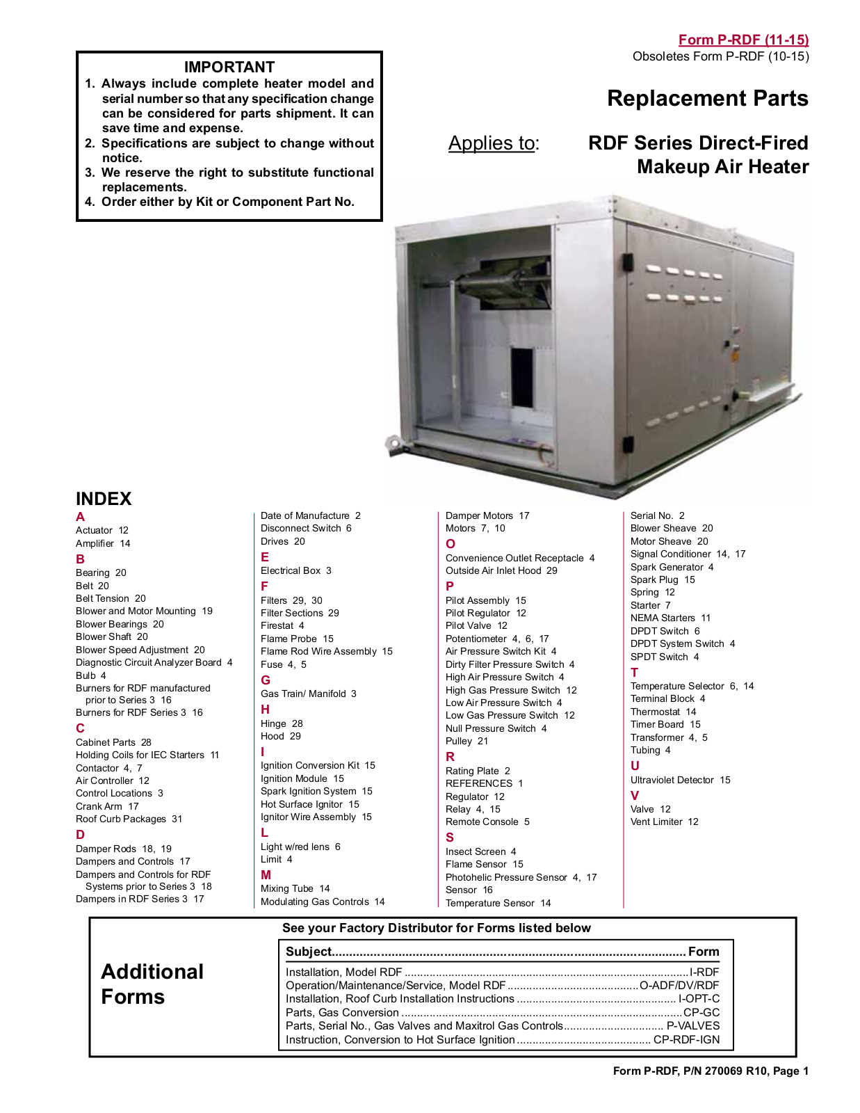 Reznor RDF-1 Parts List