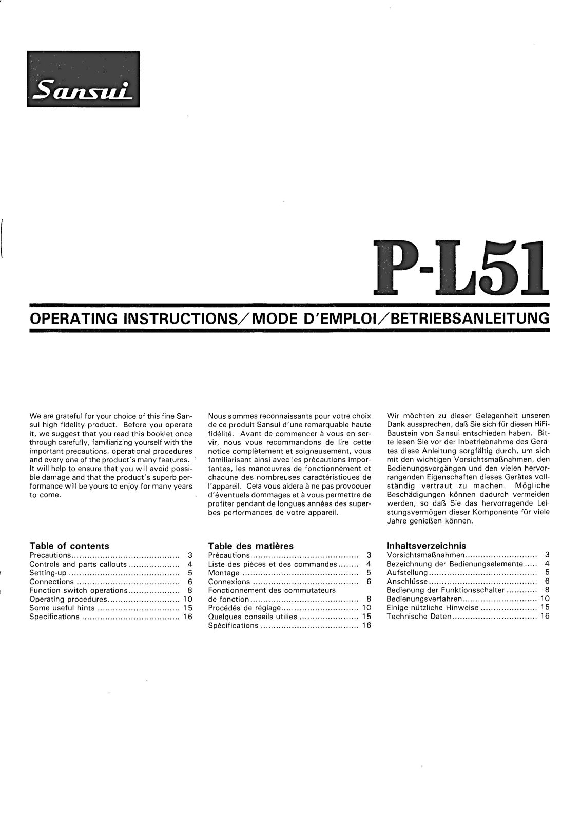 Sansui P-L51 Owners Manual