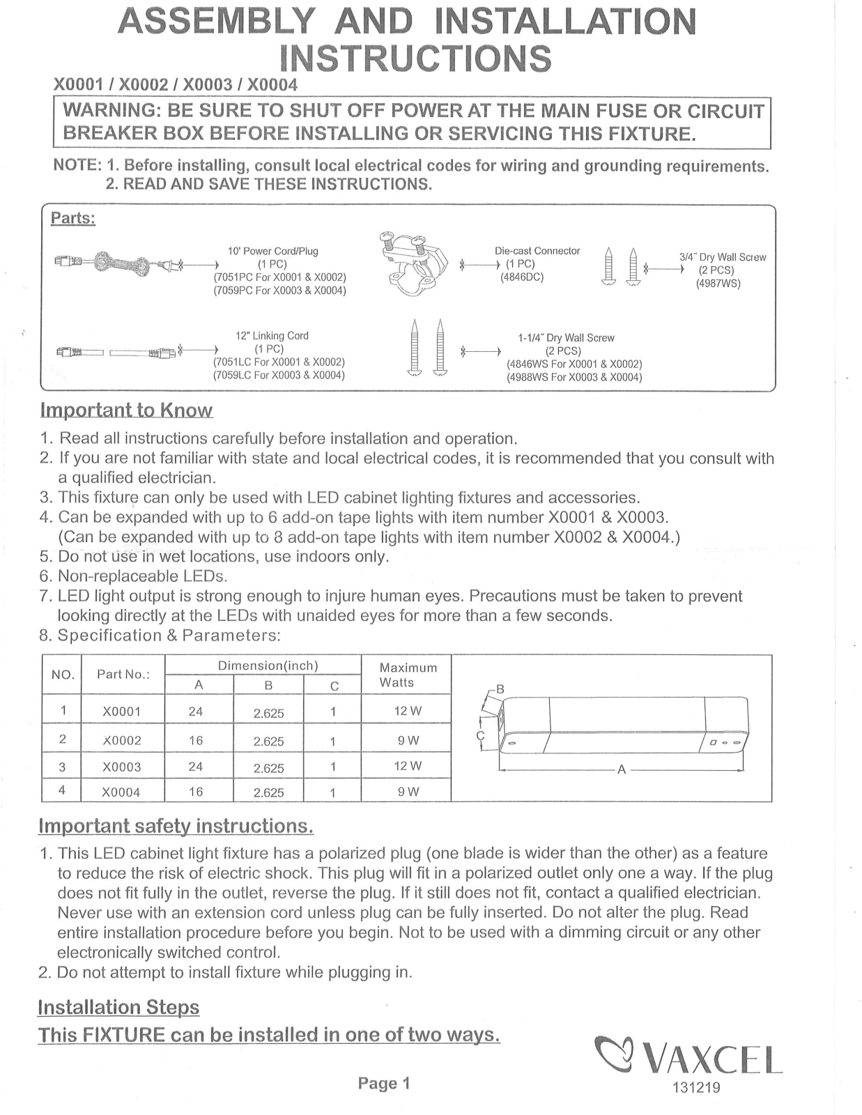 Vaxcel X0004, X0003, X0002, X0001 User Manual