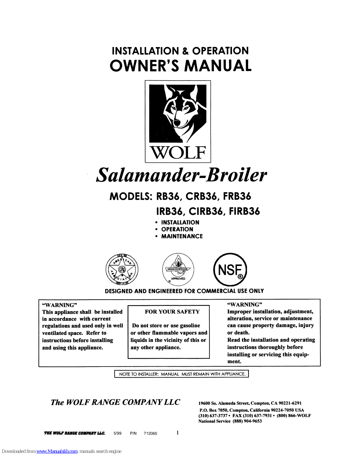 Wolf RB36, CRB36, FRB36, CIRB36, IRB36 Owner's Manual