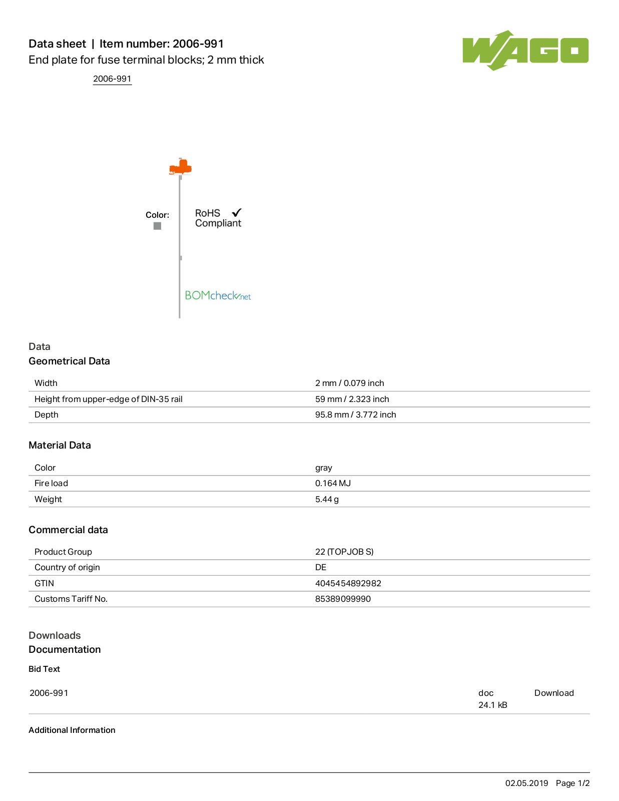 Wago 2006-991 Data Sheet