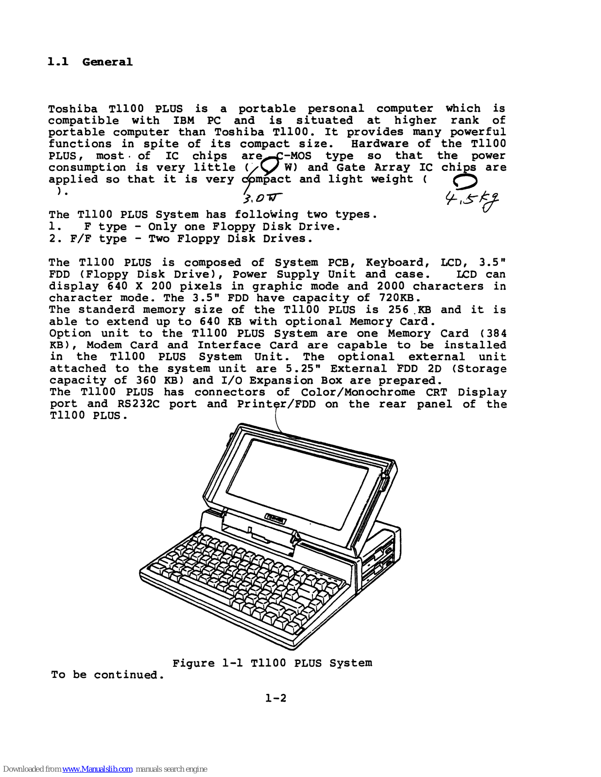 Toshiba T1100 PLUS User Manual