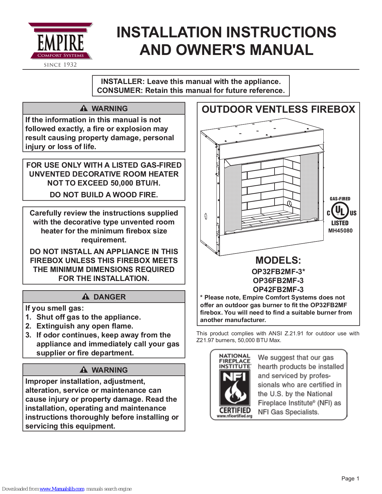 Empire OP32FB2MF-3, OP36FB2MF-3, OP42FB2MF-3 Installation Instructions And Owner's Manual