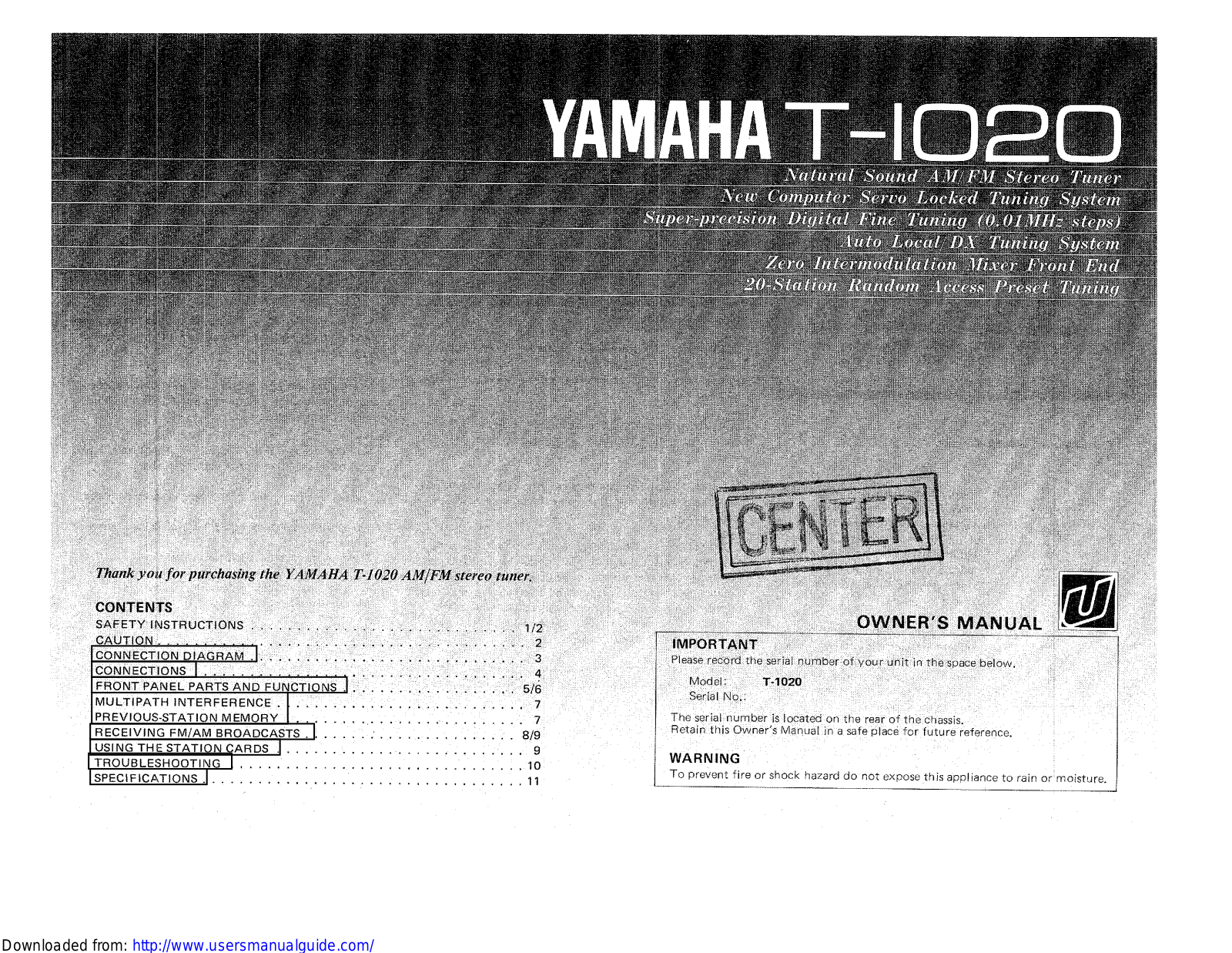 Yamaha Audio T-1020 User Manual