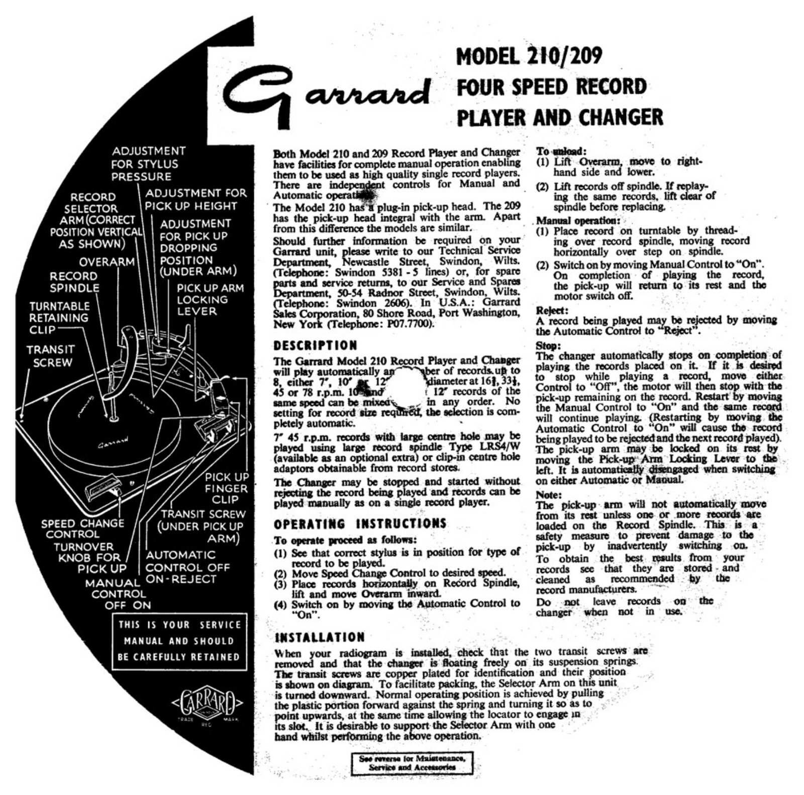 Garrard 209, 210 Owners manual