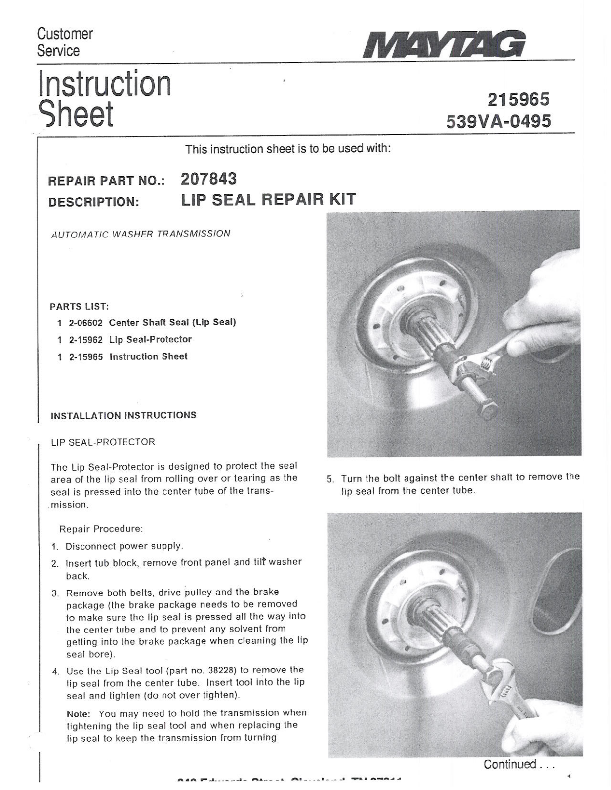 Maytag 207843 Instruction Sheet