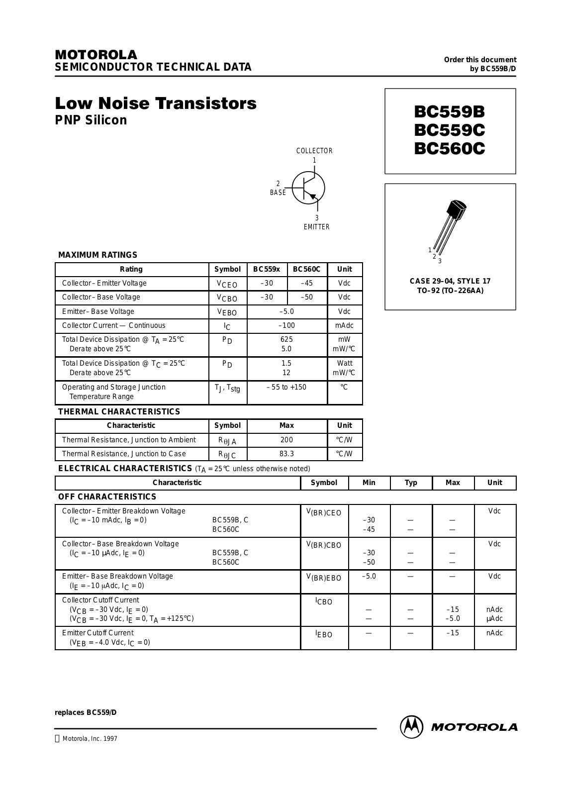 ON Semiconductor BC560CZL1, BC560C, BC560BRL1, BC559C, BC559BZL1 Datasheet