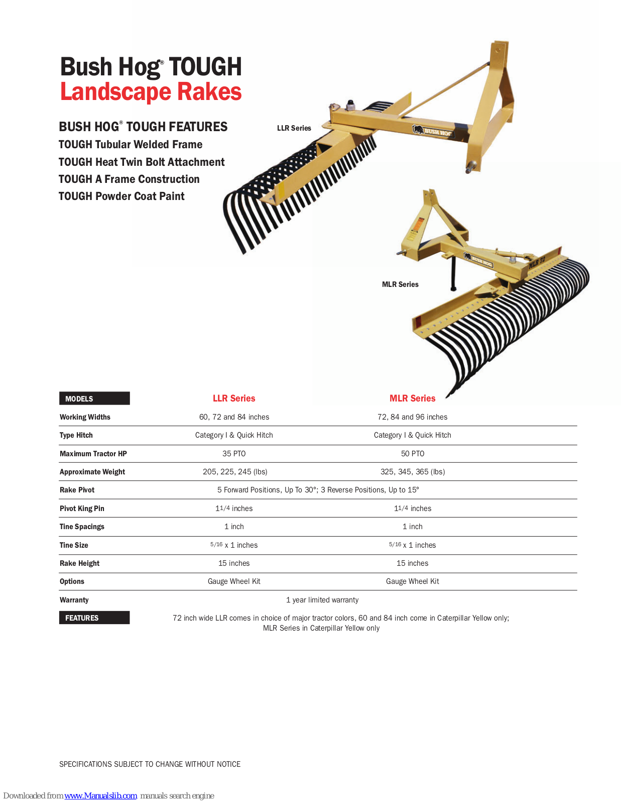 Bush Hog TOUGH LLR series, TOUGH MLR series Specifications