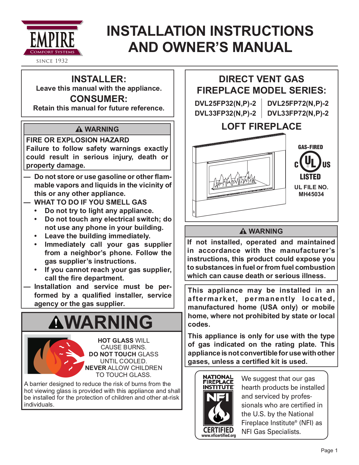 Empire Comfort Systems DVL25FP32N-2, DVL25FP32P-2, DVL25FP72-2, DVL25FP72P-2, DVL33FP32N-2 Installation Instructions And Owner's Manual