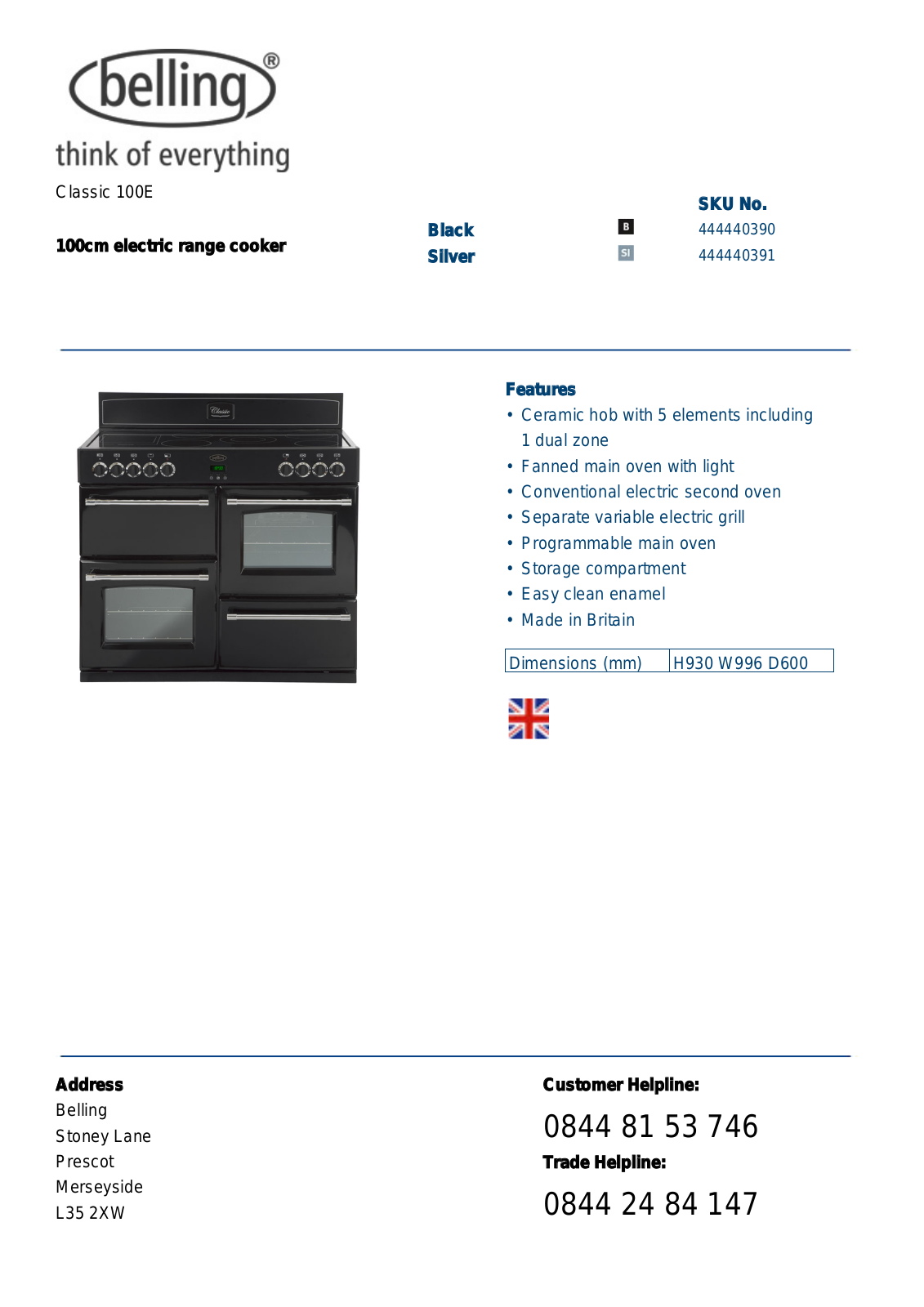 Belling CLASSIC 100E DATASHEET