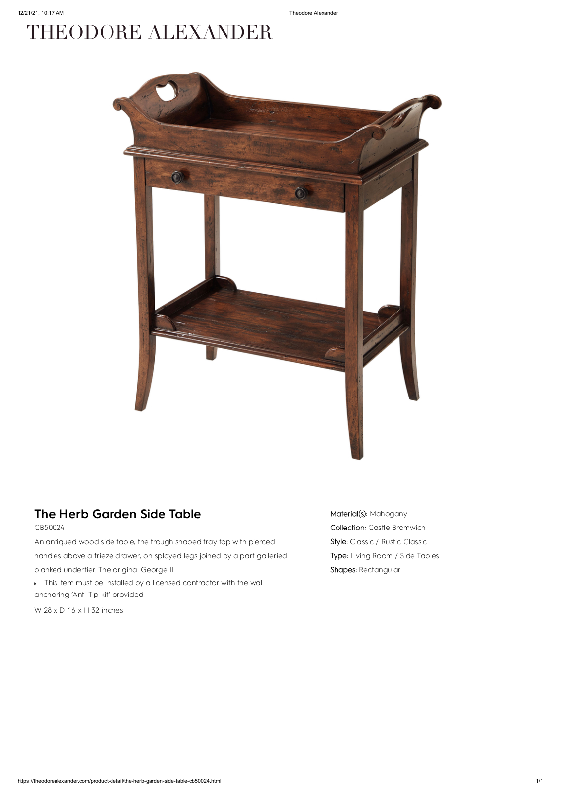 Theodore Alexander FPLJ1966 Specifications - ManualMachine.com