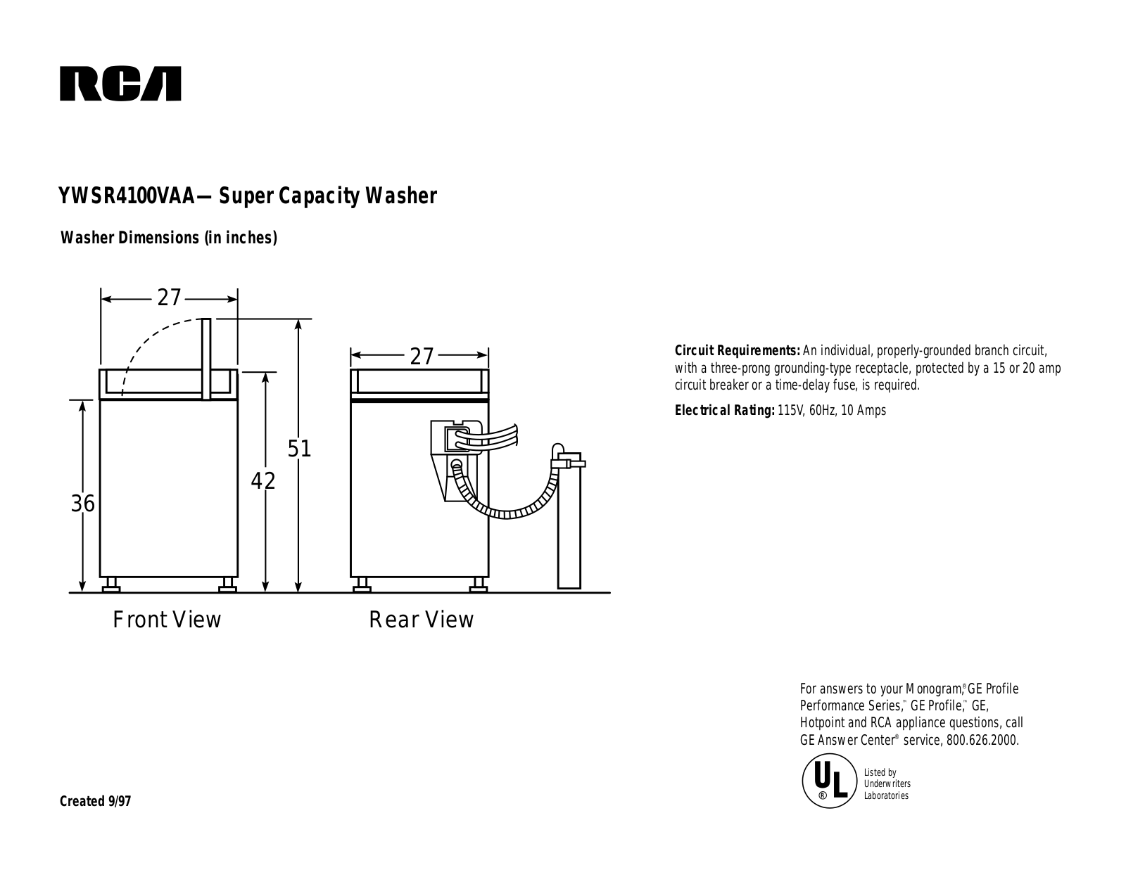 GE YWSR4100VAA Specification