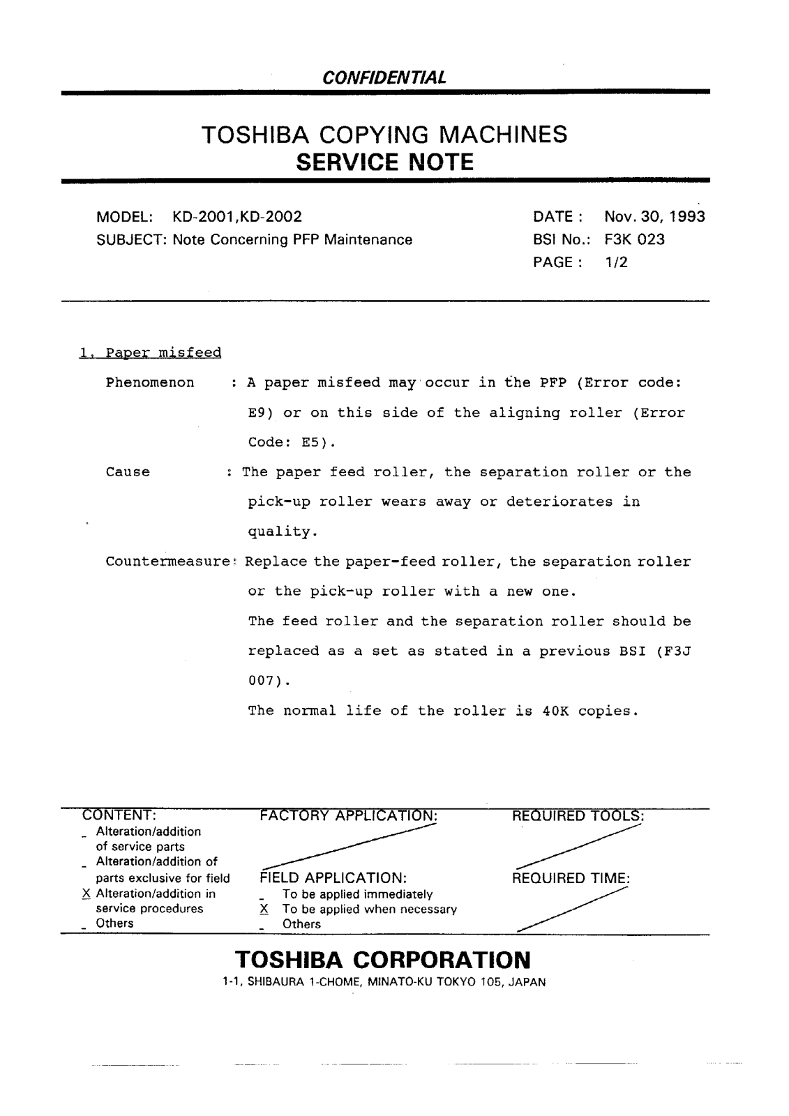 Toshiba f3k023 Service Note