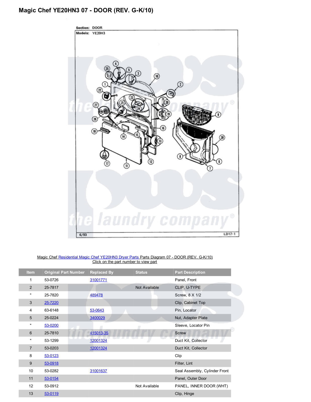 Magic Chef YE20HN3 Parts Diagram