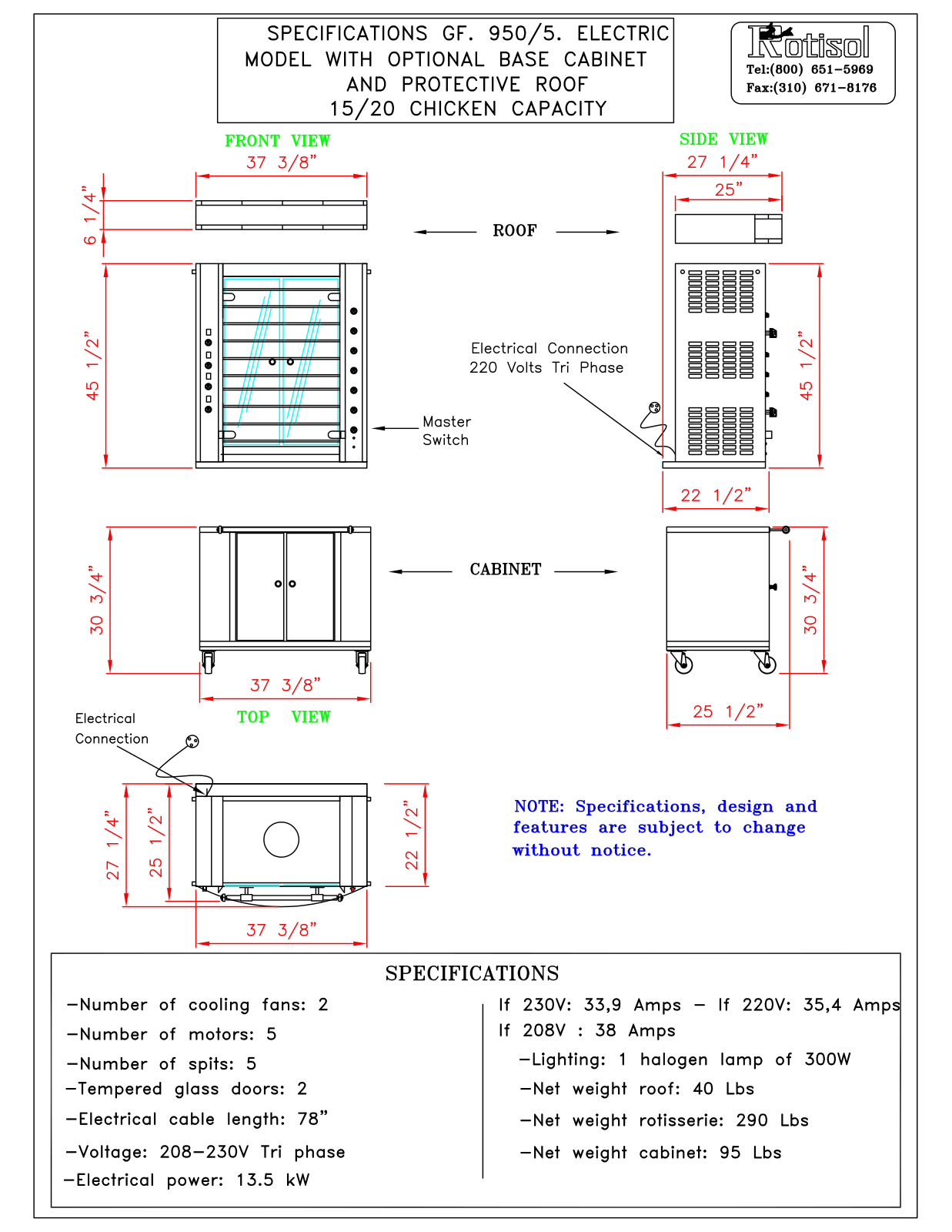 Rotisol sp958cbe, GF 950- 5 Specifications