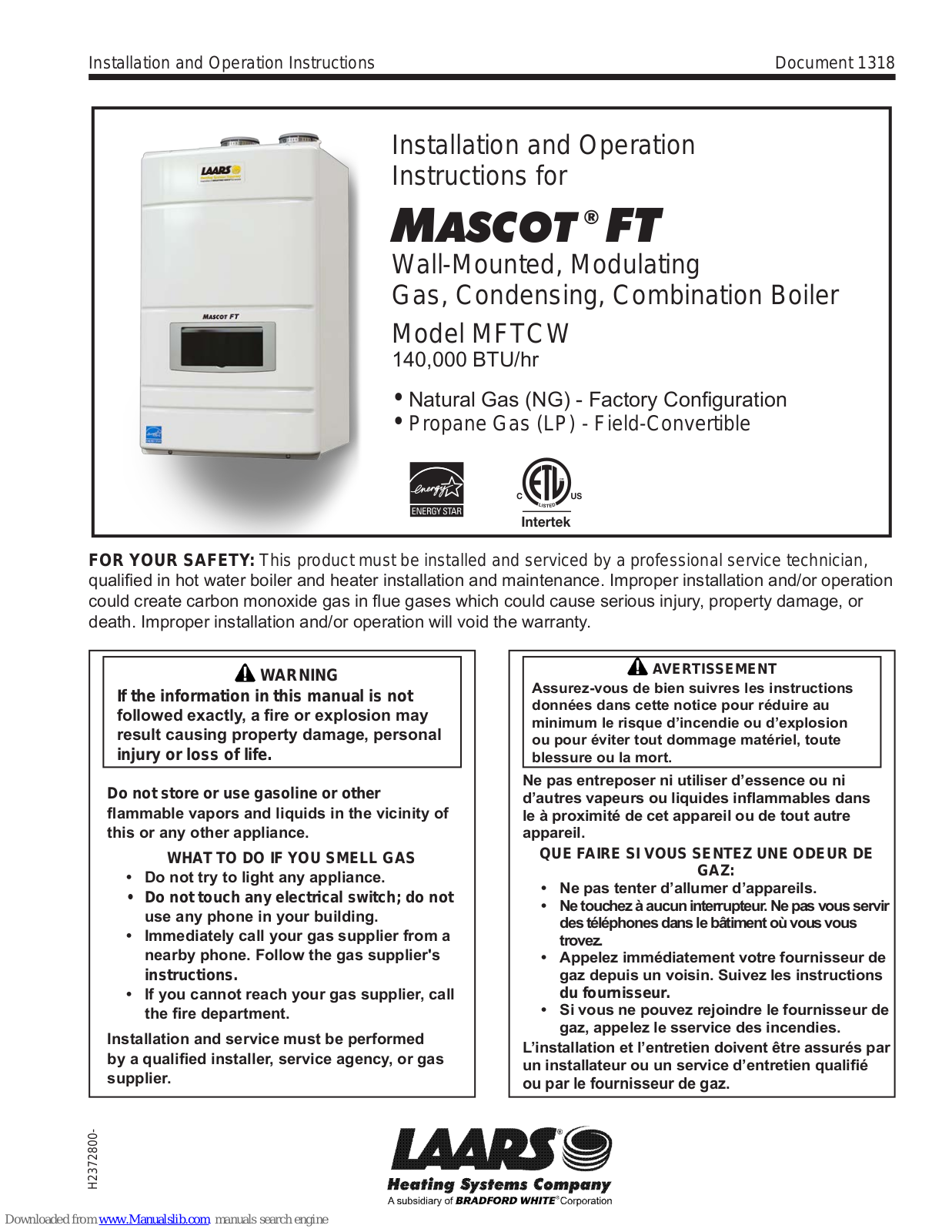 Laars MASCOT FT MFTCW, mascot ft, MFTHW Installation And Operation Instructions Manual