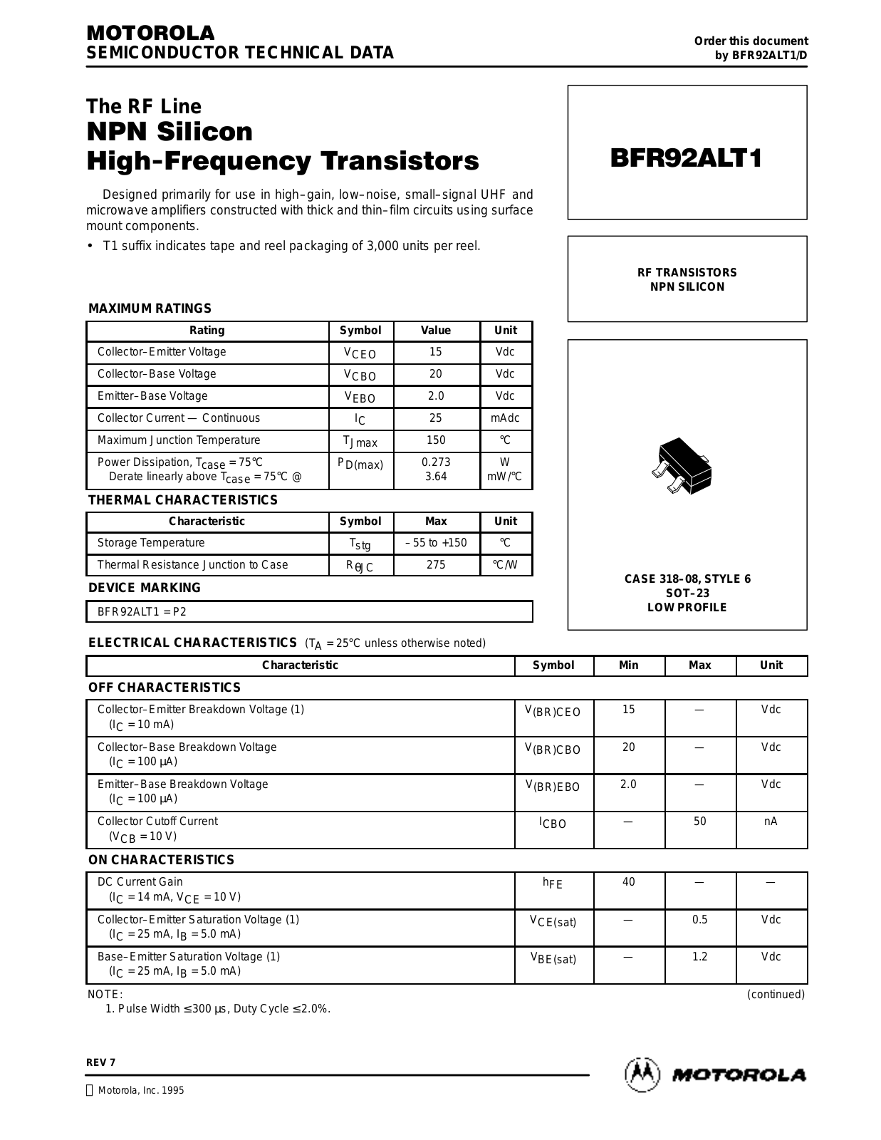 Motorola BFR92ALT1 Datasheet