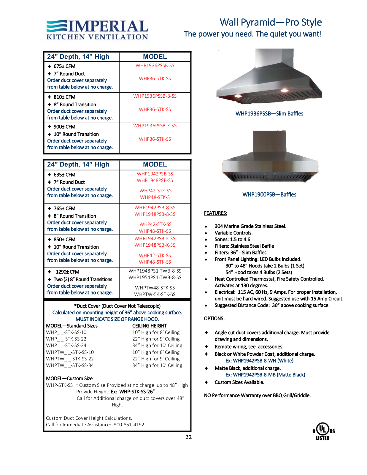 Imperial WHP1948PSBKSS, WHP1936PSSBKSS Specifications