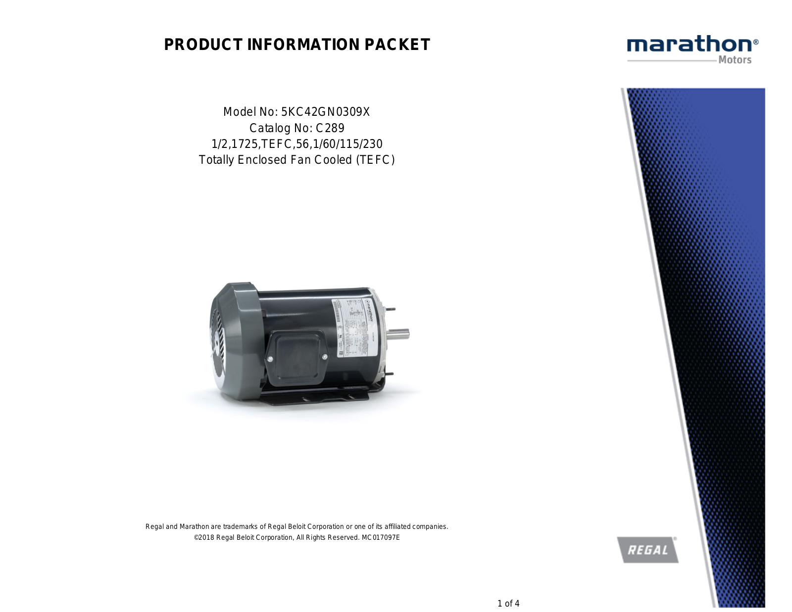 Marathon Electric 5KC42GN0309X Product Information Packet