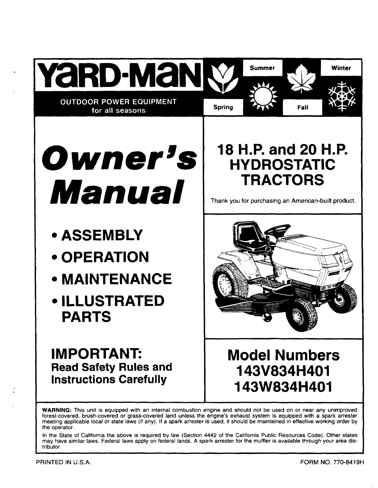 Yard-Man 143W834H401, 143V834H401 User Manual