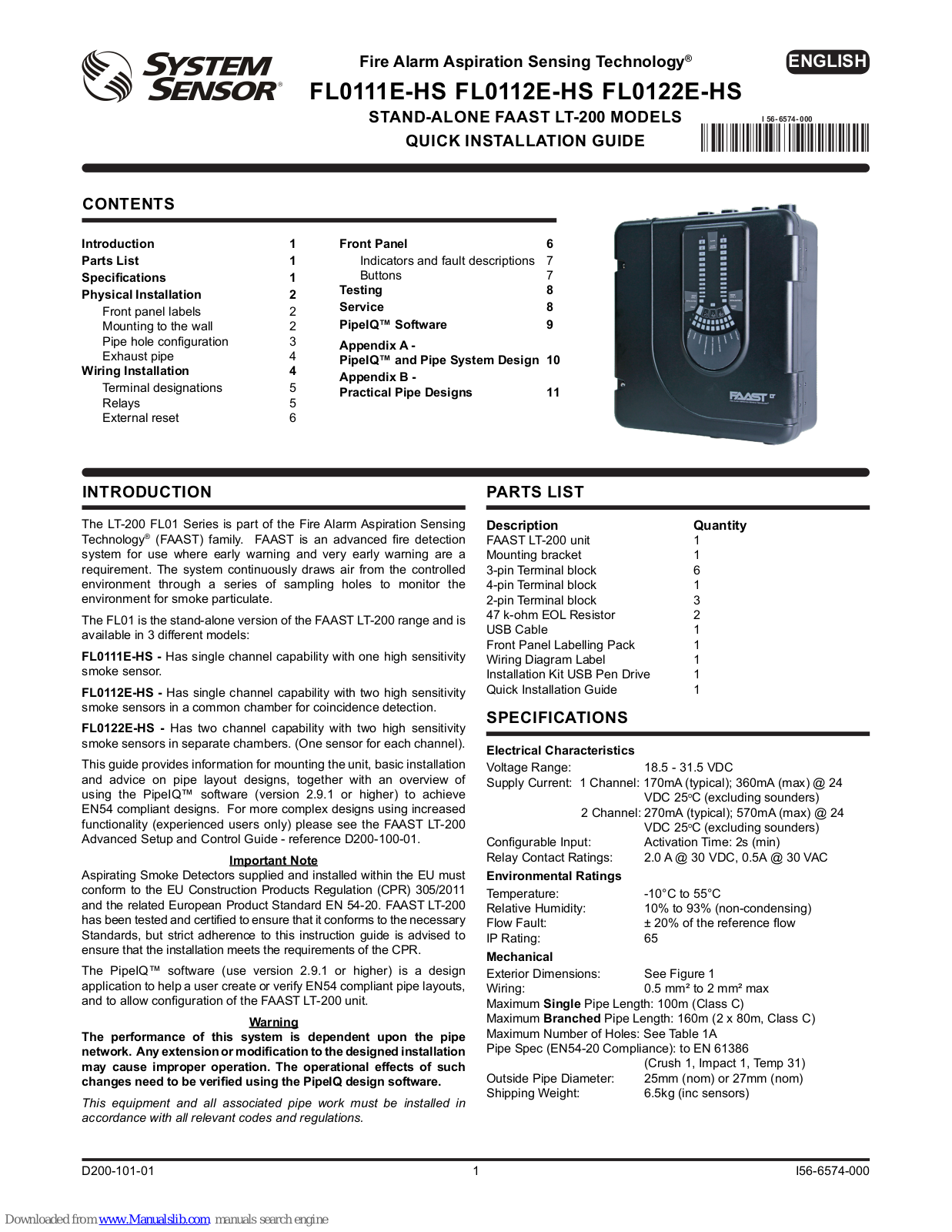 System Sensor FAAST FL0111E-HS, FAAST FL0112E-HS, FAAST FL0122E-HS, FAAST FL2011EI-HS, FAAST FL2012EI-HS Quick Installation Manual