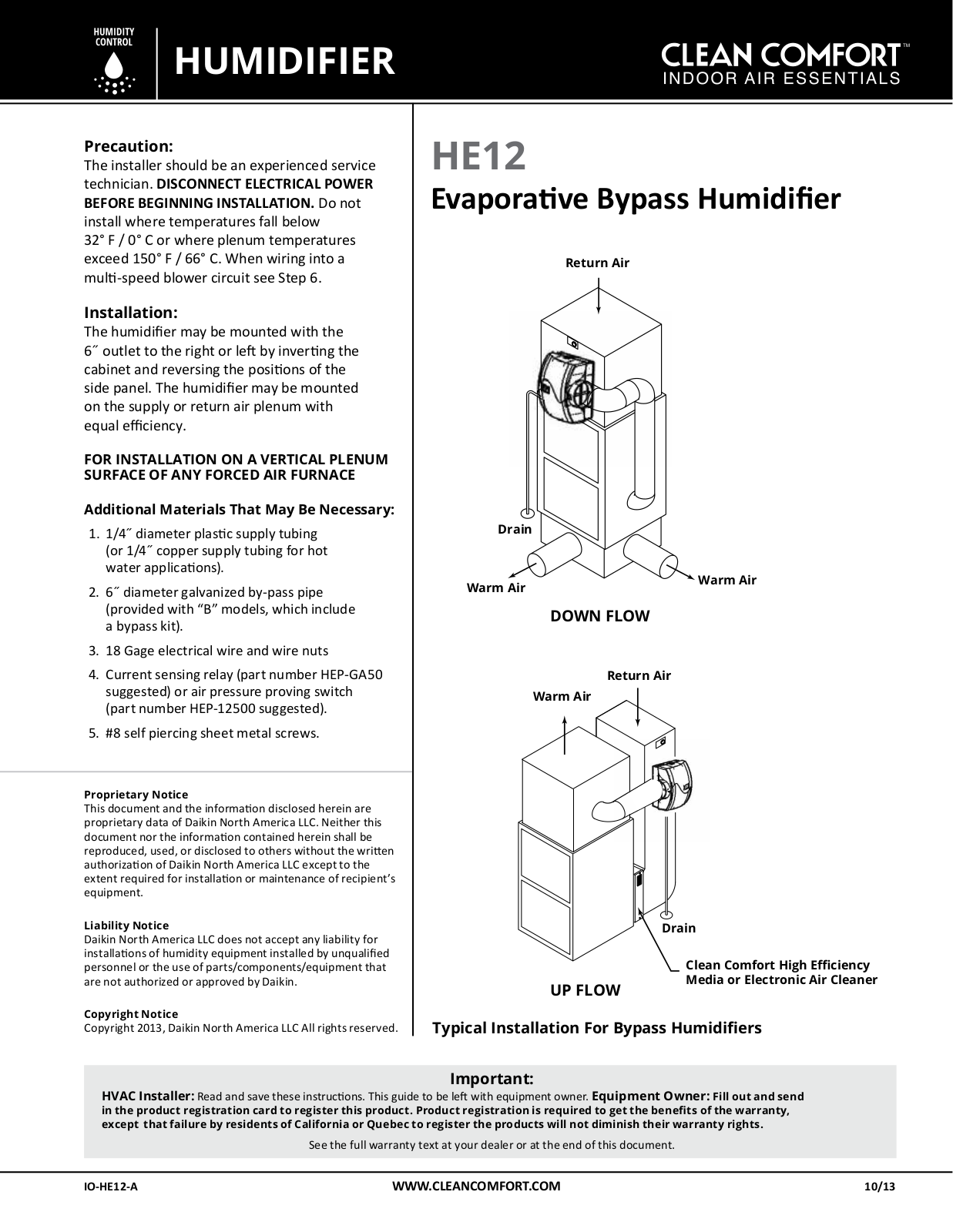 clean comfort HE12 Installation Manual