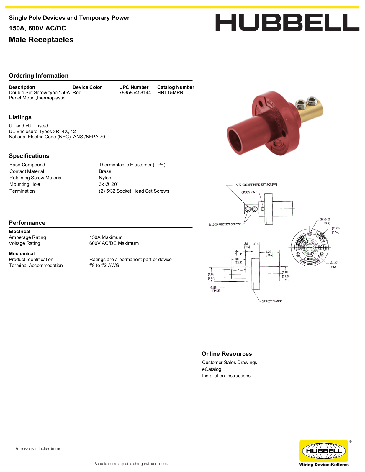Hubbell HBL15MRR Specifications - ManualMachine.com