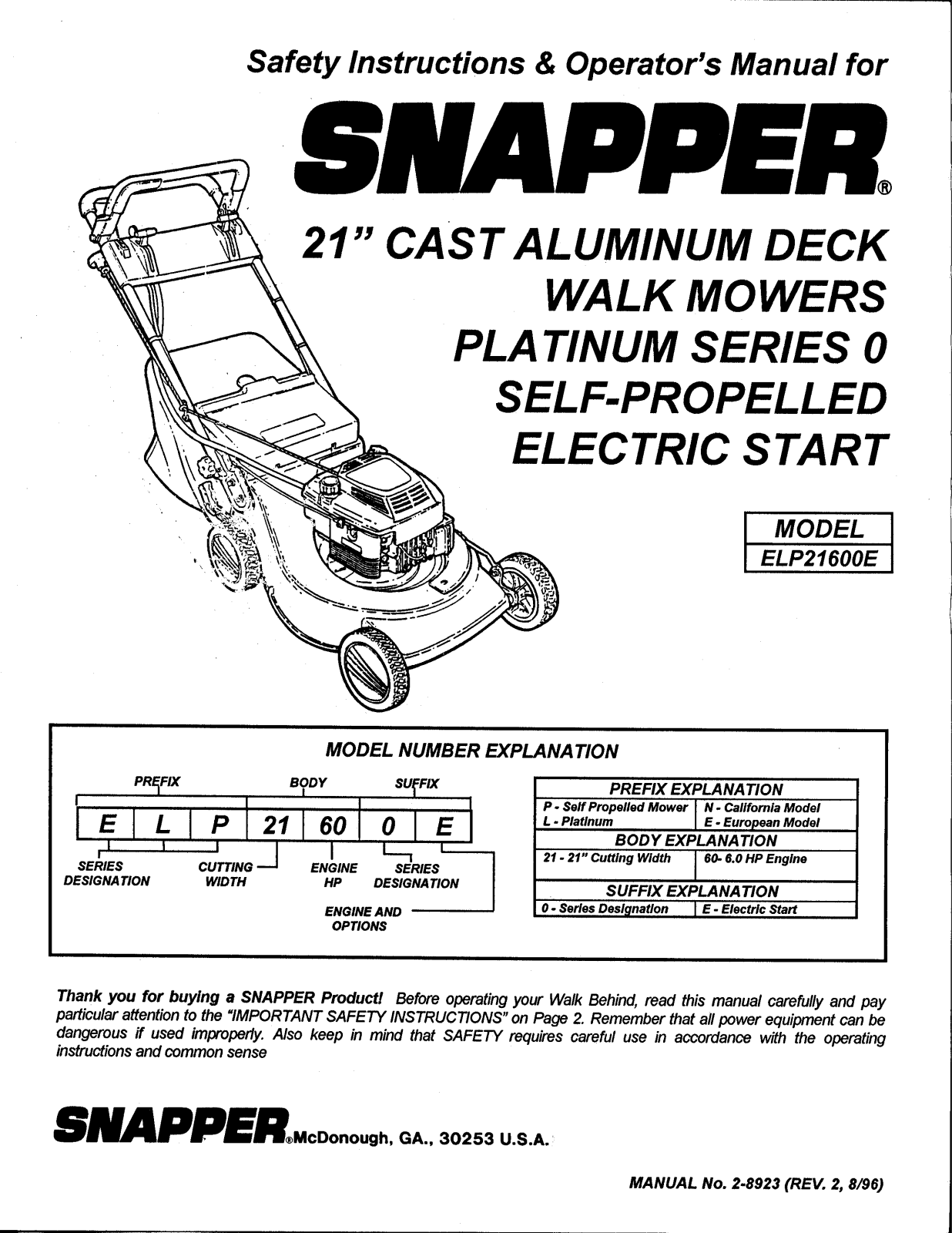 Snapper ELP21600E User Manual