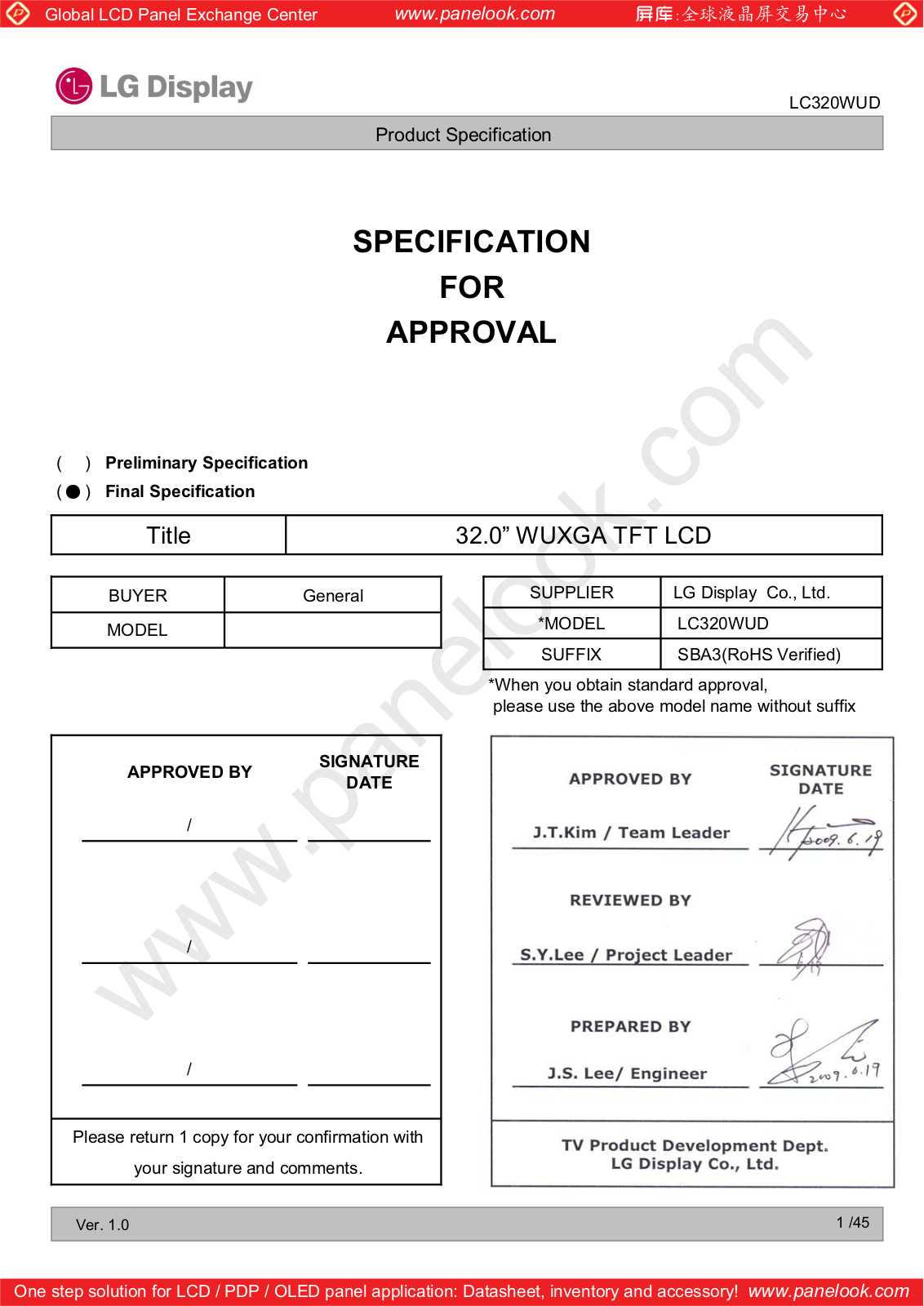 LG Display LC320WUD-SBA3 Specification