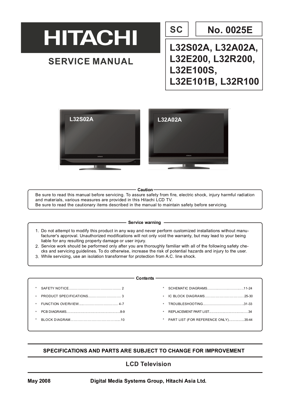 Hitachi L32S01A, L32E200, L32E100, L32A02A, L32R200 Schematic