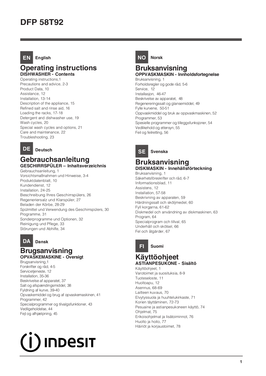 INDESIT DFP 58T92 CA NX SK User Manual