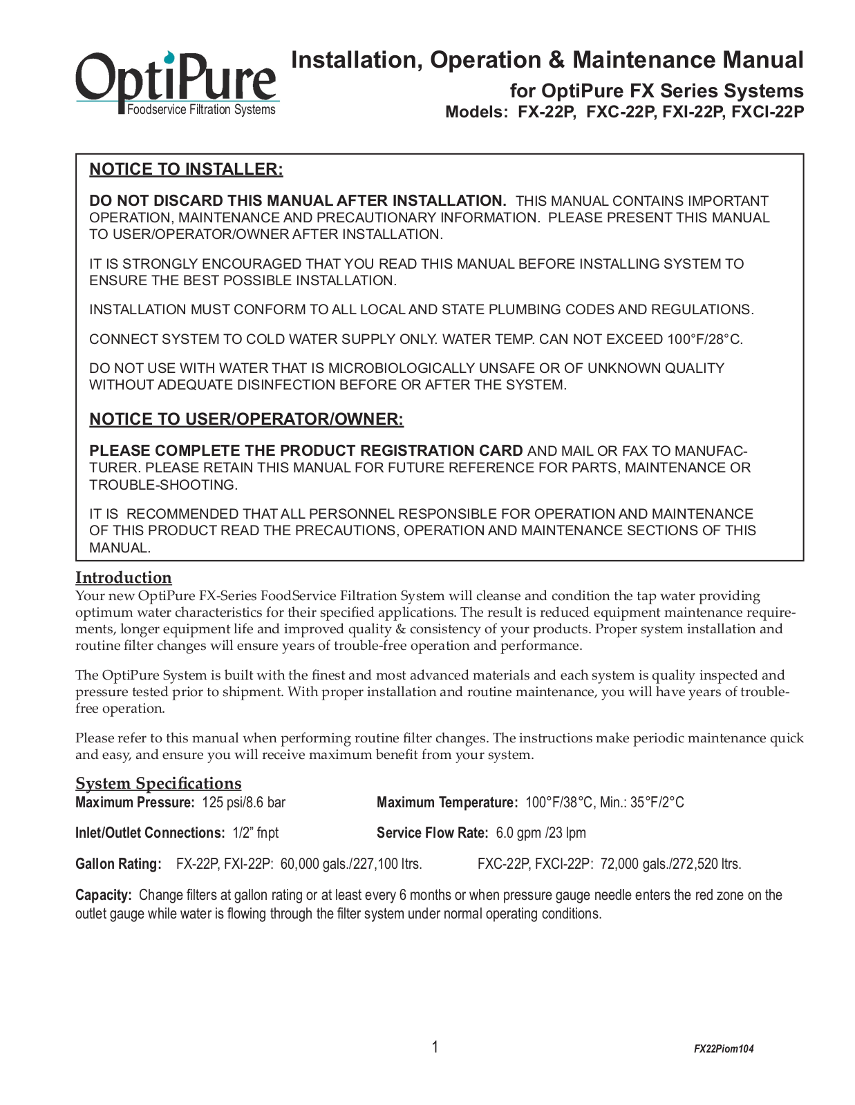 OptiPure FX-22P Installation  Manual