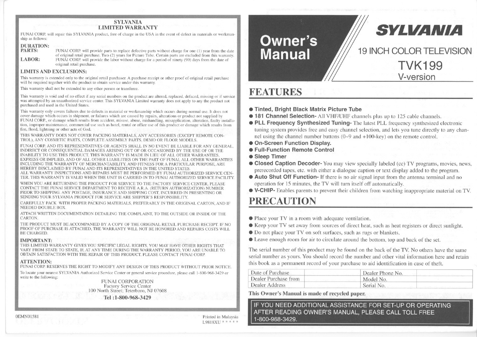 FUNAI TVK199V, TVK199V User Manual