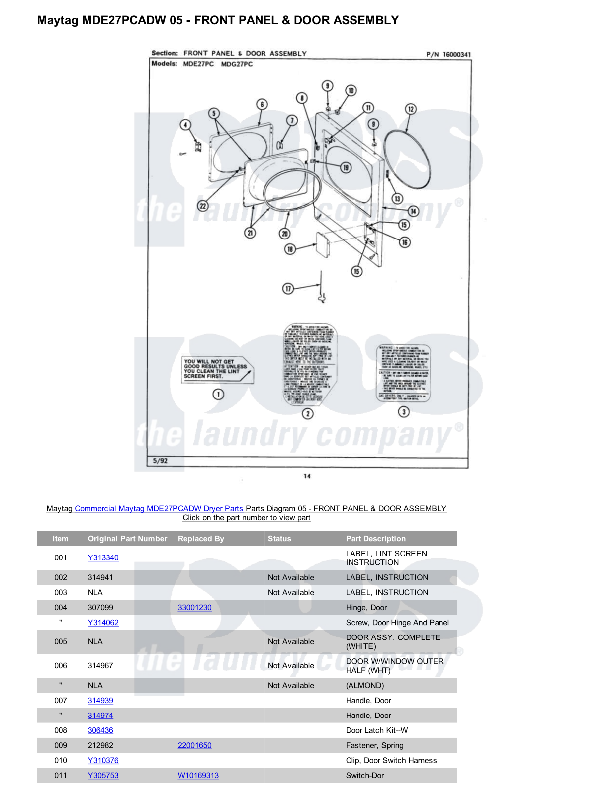 Maytag MDE27PCADW Parts Diagram