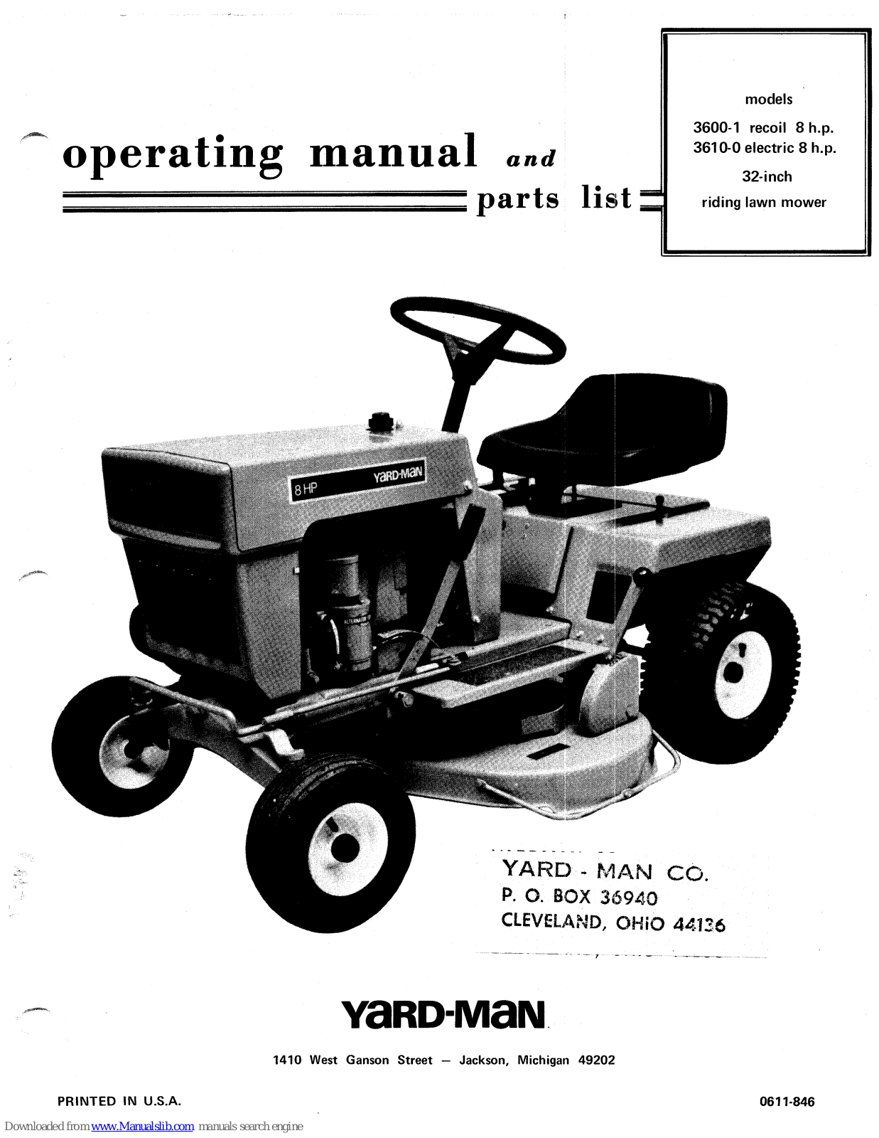 Yard-Man 3600-1, 3610-0 Operating Manual And Parts List