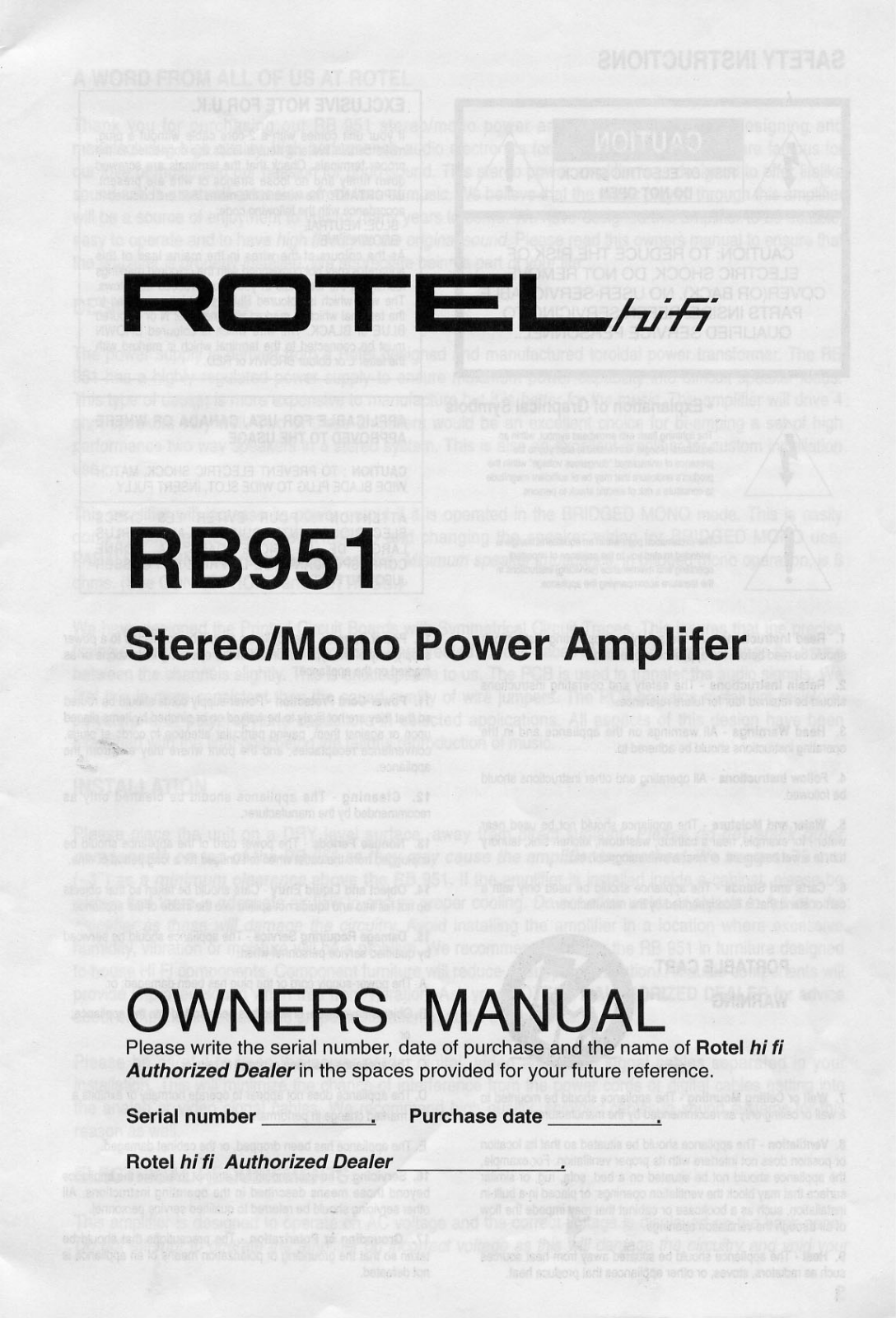 Rotel RB-951 Owners manual