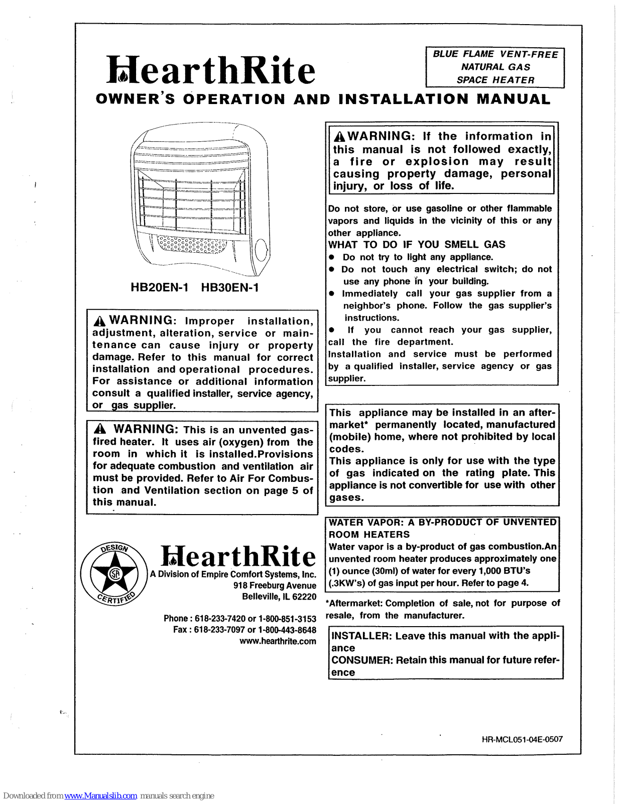 HearthRite HB20EN-1, HB30EN-1 Owner's Operation And Installation Manual