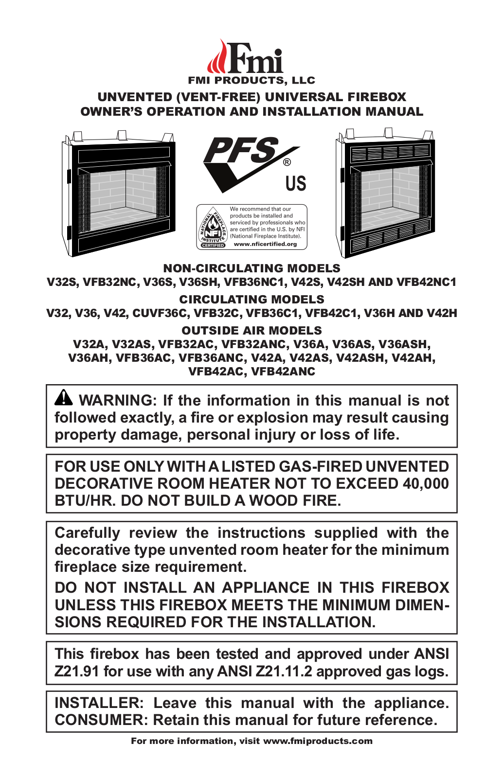 FMI VFB36NC1, V36S, V36SH, VFB32NC, V32S User Manual